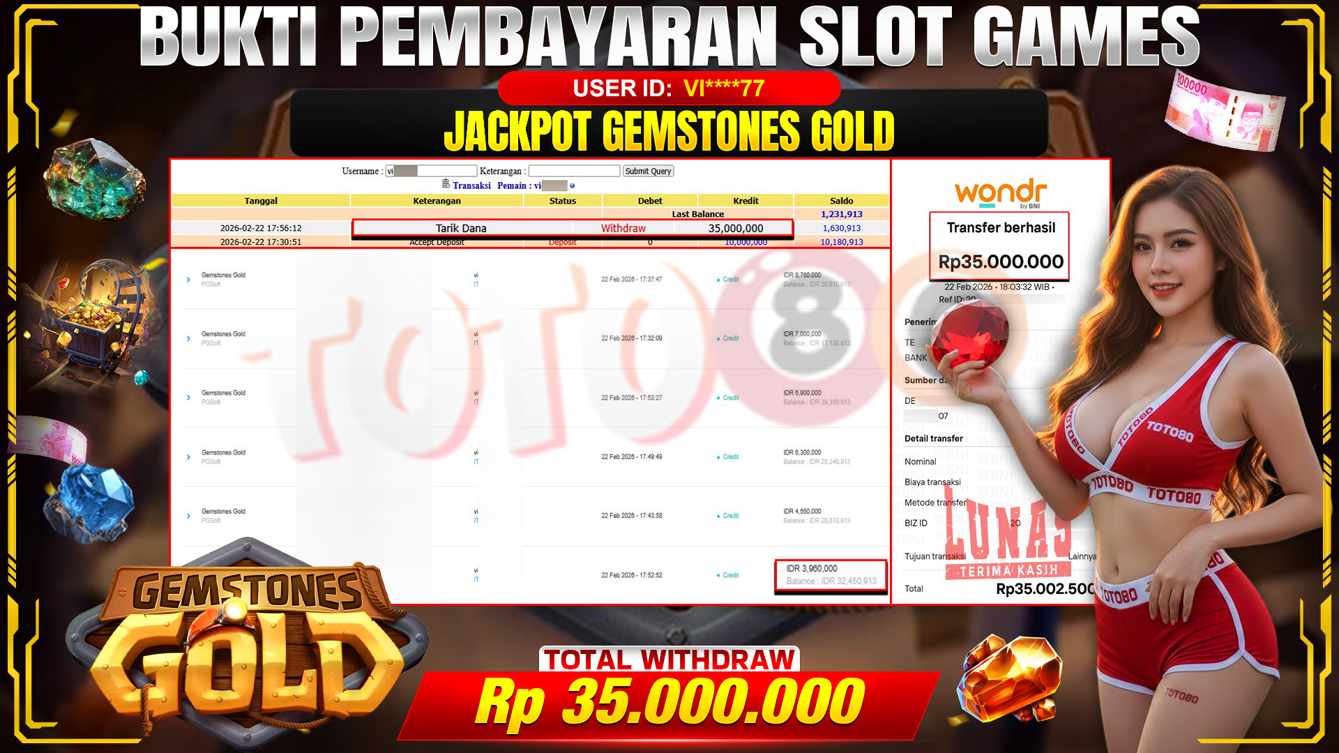 🎉 TOTO80 – JACKPOT GEMSTONES GOLD . 35,000,000,- TELAH DIBAYARKAN! 🎉