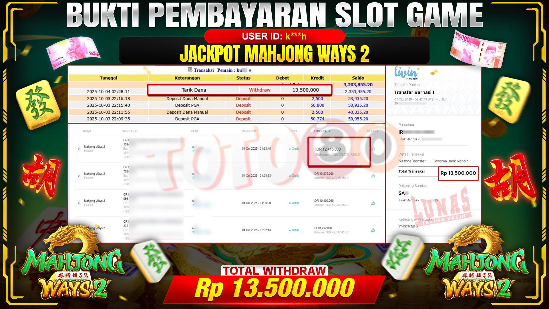🎉 TOTO80 – JACKPOT SLOT MAHJONG WAYS 2 RP.13,500,000,- TELAH DIBAYARKAN! 🎉