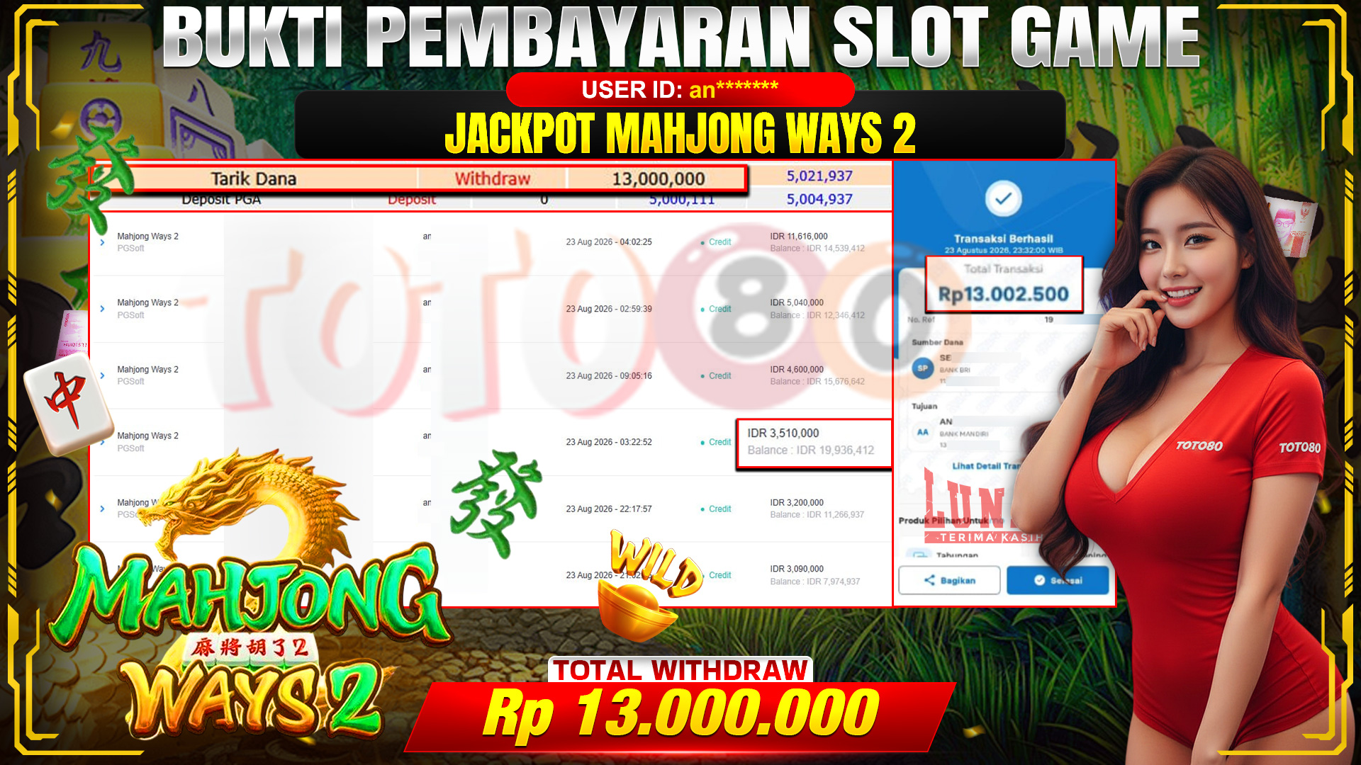 💰🎉 TOTO80 – JACKPOT SLOT MAHJONG  WAYS 2 RP. 13,000,000,-  TELAH DIBAYARKAN!💰🎉