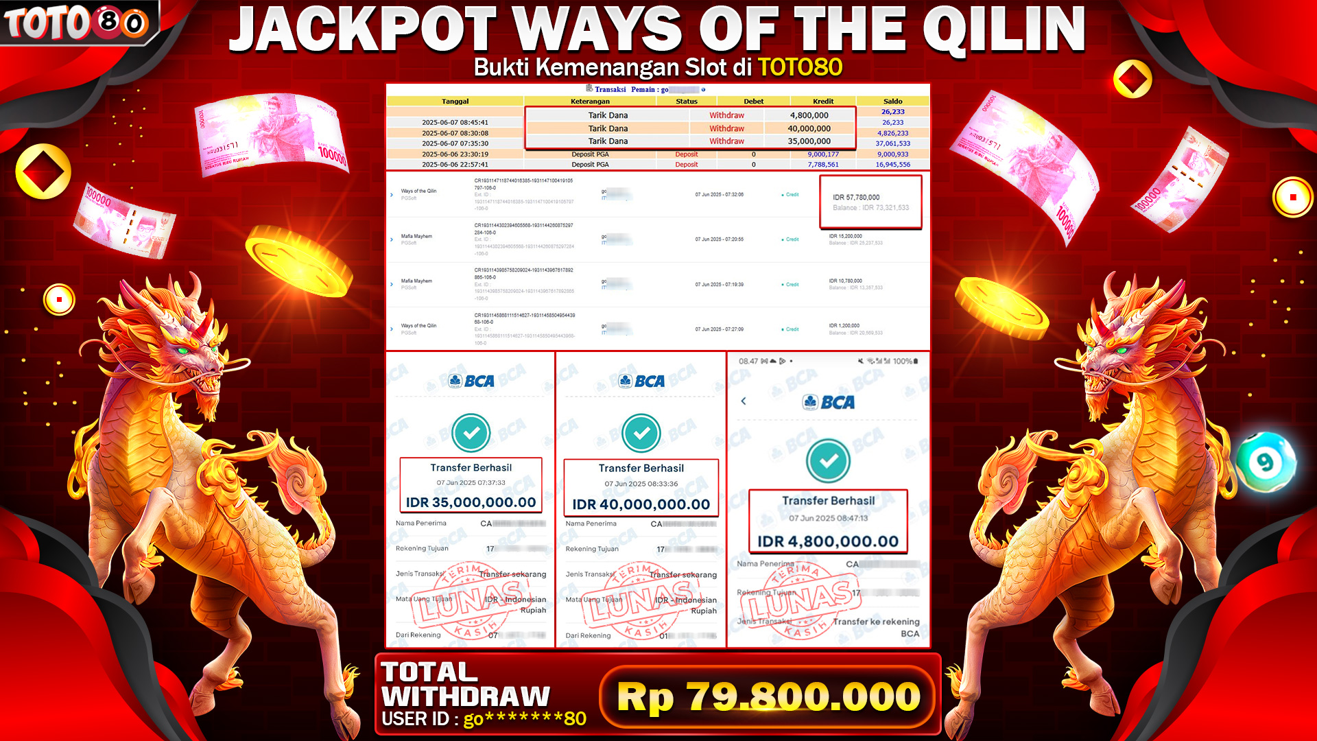 🎉 TOTO80 – JACKPOT SLOT WAYS OF THE QILIN RP.79,800,000,- TELAH DIBAYARKAN!🎉