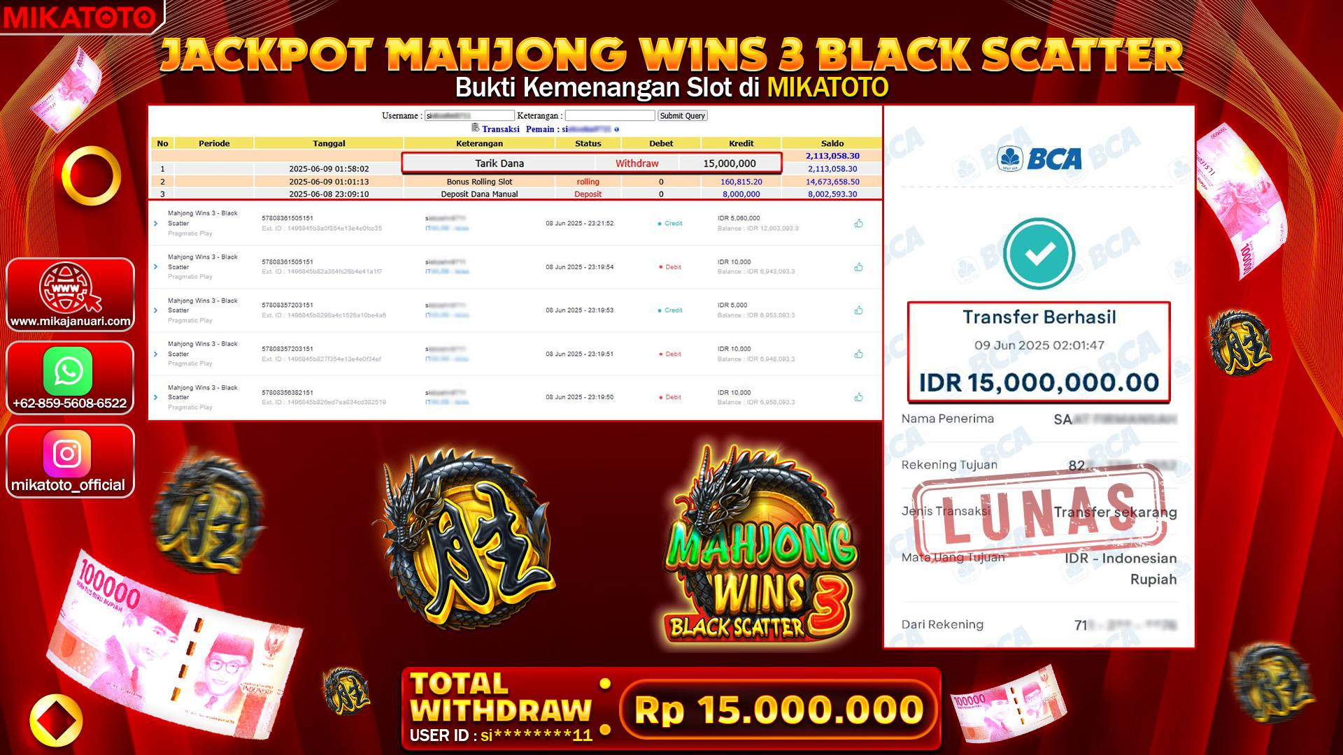 🏆 SELAMAT KEPADA PEMENANG JACKPOT DI Mahjong Wins 3 15,000,000🏆