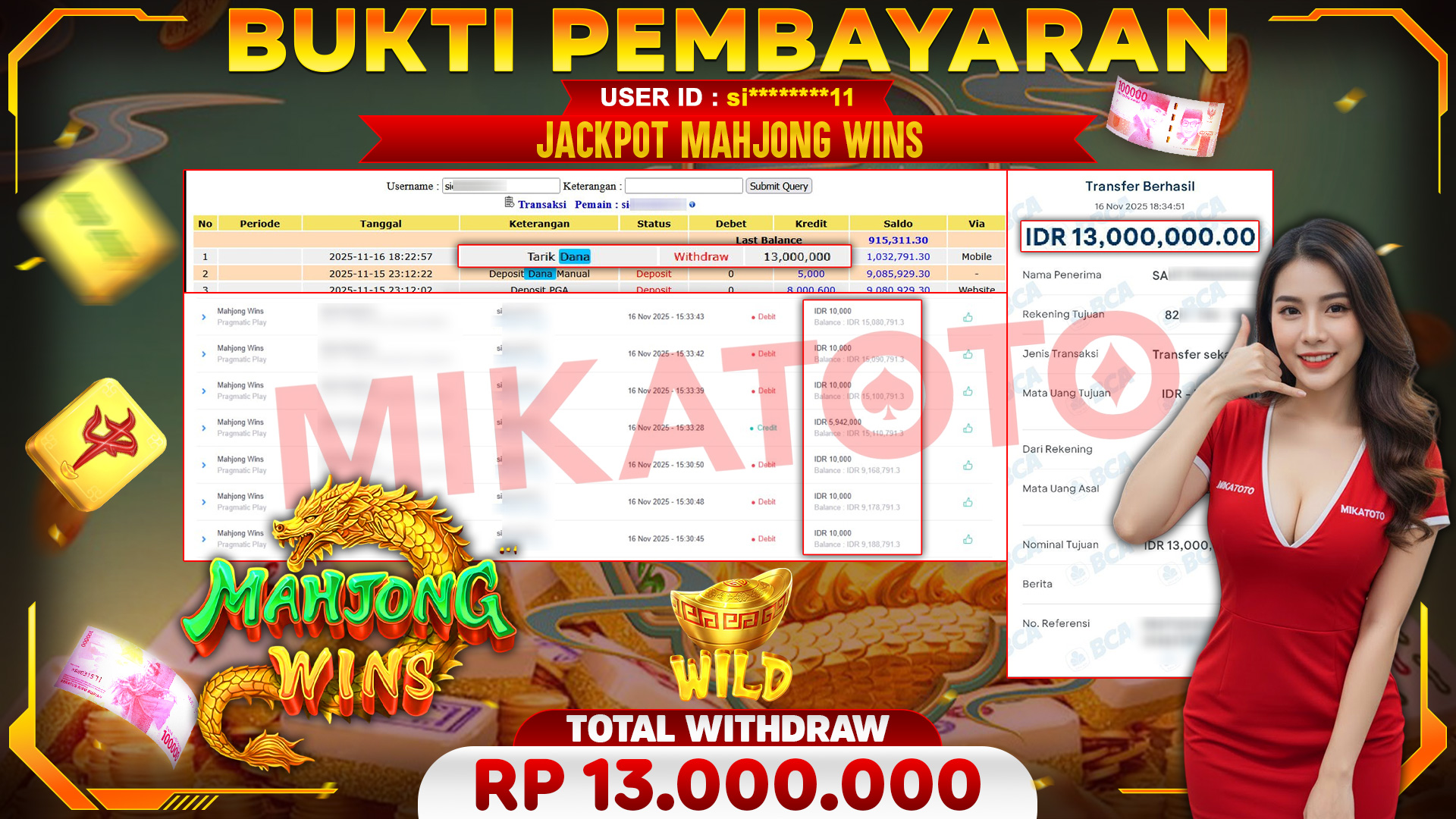 🏆 SELAMAT KEPADA PEMENANG JACKPOT DI Mahjong Wins - Pragmatic Play 13,000,000🏆