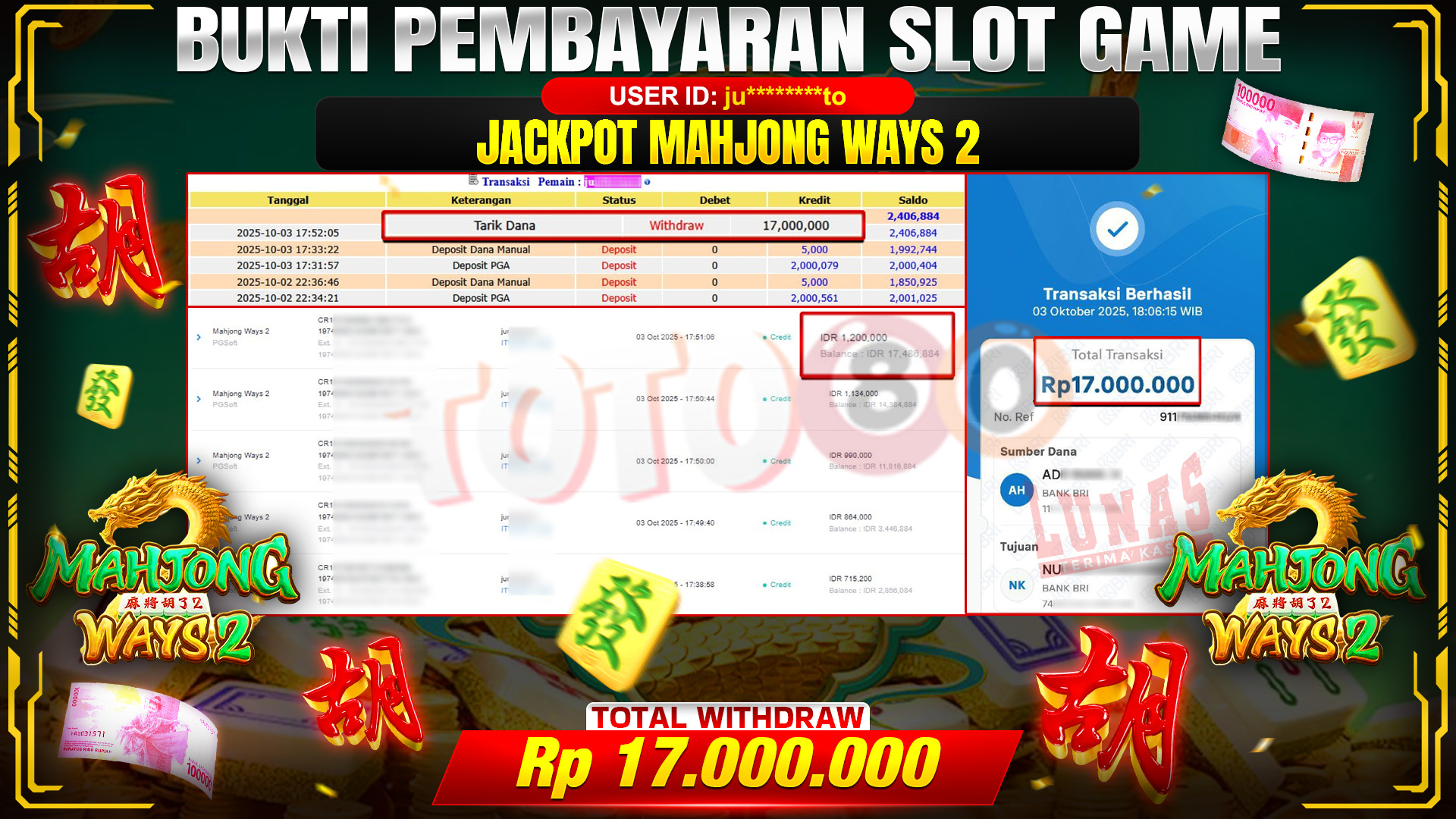🎉 TOTO80 – JACKPOT SLOT MAHJONG WAYS 2 RP.17,000,000,- TELAH DIBAYARKAN! 🎉