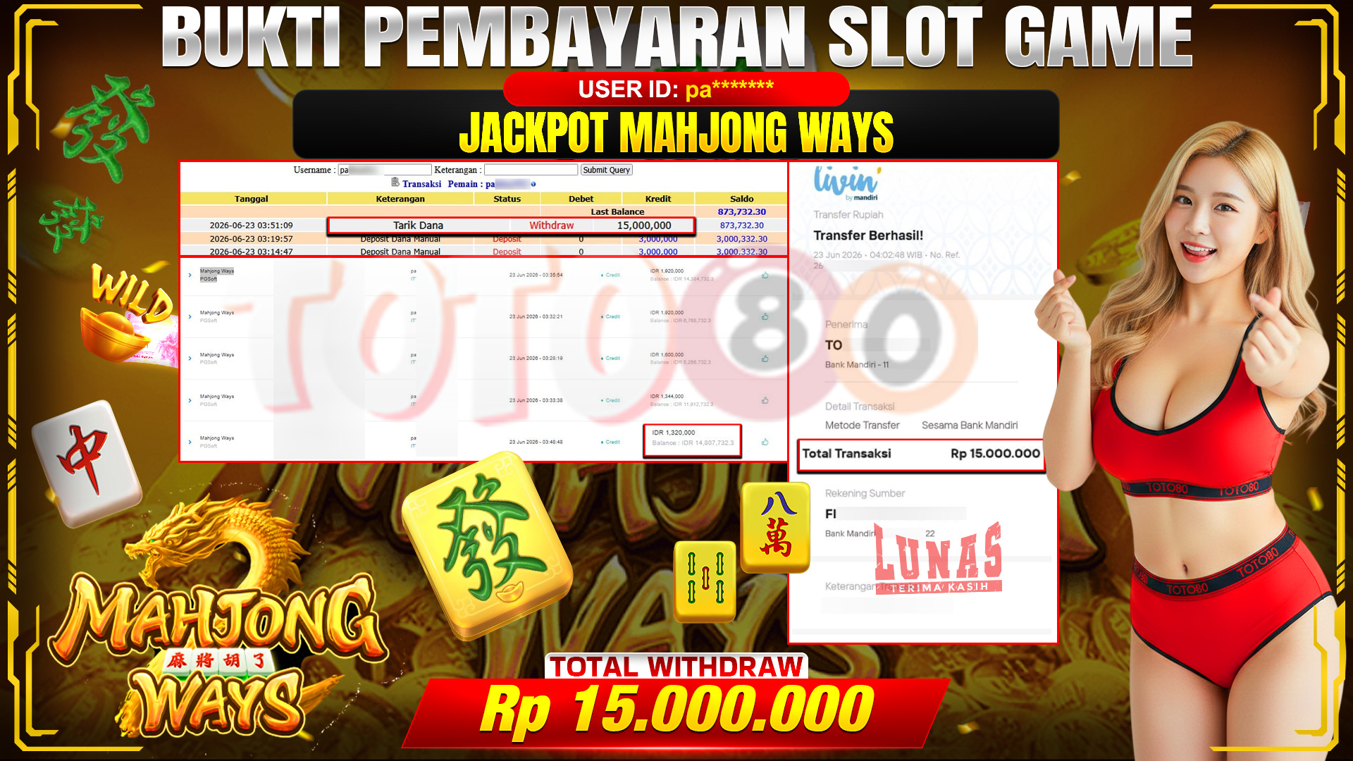 💰🎉 TOTO80 – JACKPOT SLOT MAHJONG  WAYS  RP. 15.000,000,-   TELAH DIBAYARKAN!💰🎉