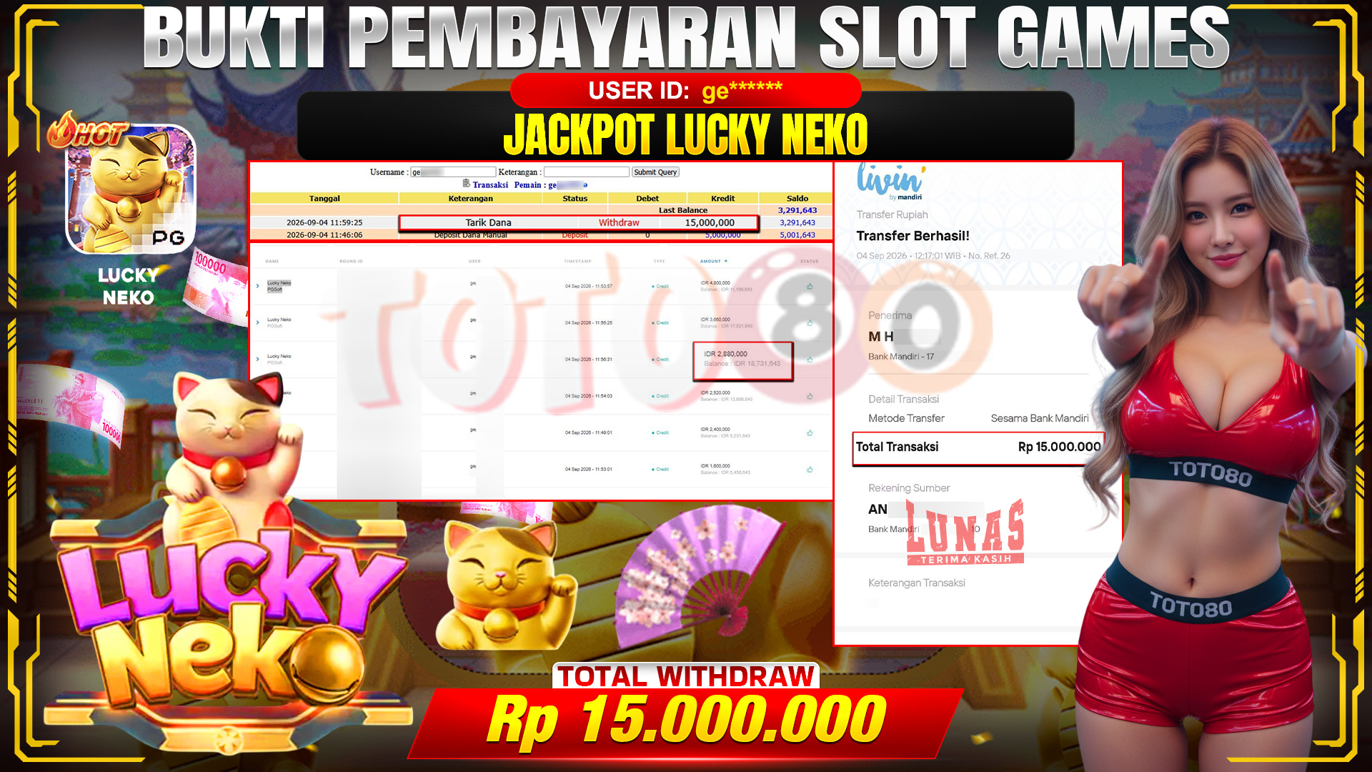 💰🎉  TOTO80 – JACKPOT SLOT LUCKY NEKO RP. 15,000,000,- TELAH DIBAYARKAN! 💰🎉 