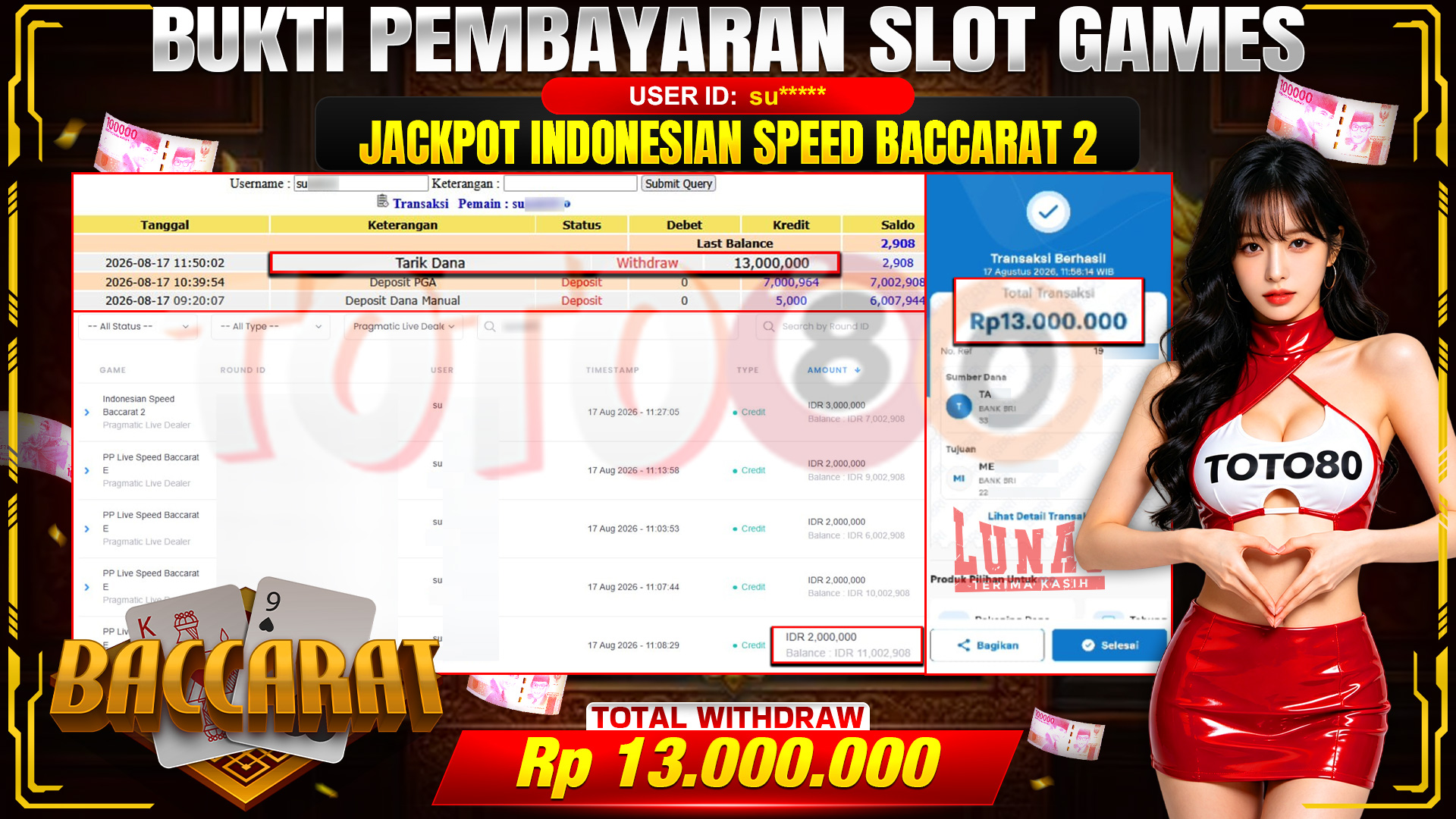 💰🎉 TOTO80 – JACKPOT PP LIVE SPEED BACCARAT A RP. 13,000,000,- TELAH DIBAYARKAN!💰🎉
