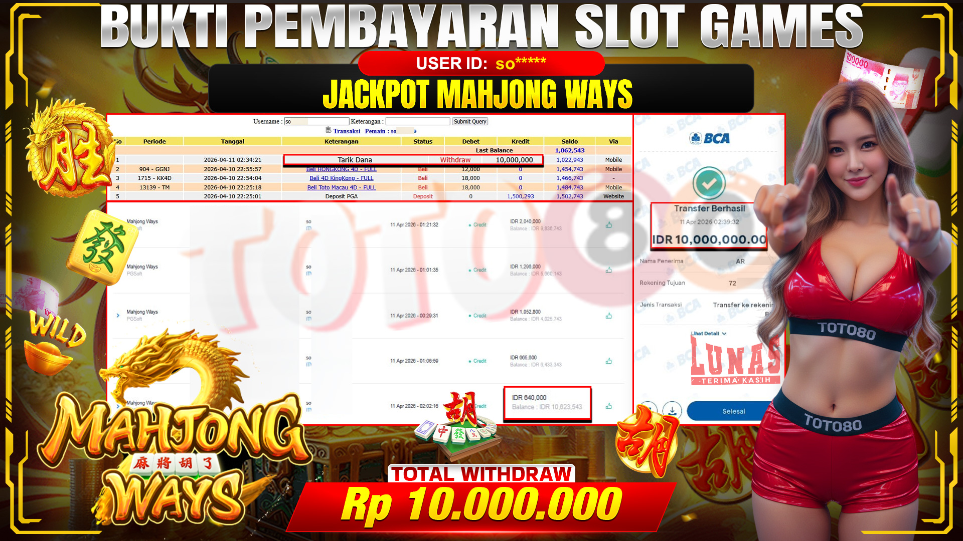 💰🎉 TOTO80 – JACKPOT SLOT MAHJONG WAYS  RP. 10,000,000,- TELAH DIBAYARKAN!💰🎉