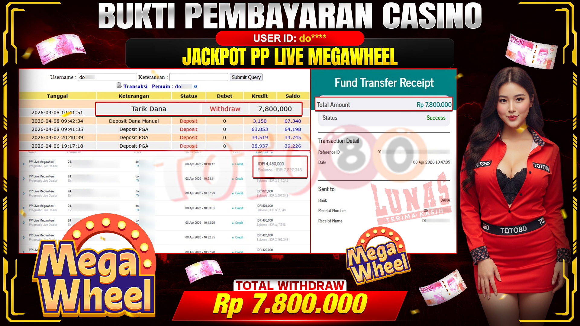 💰🎉 TOTO80 – JACKPOT PP LIVE MEGAWHEEL RP. 7,800,000,-  TELAH DIBAYARKAN! 💰🎉