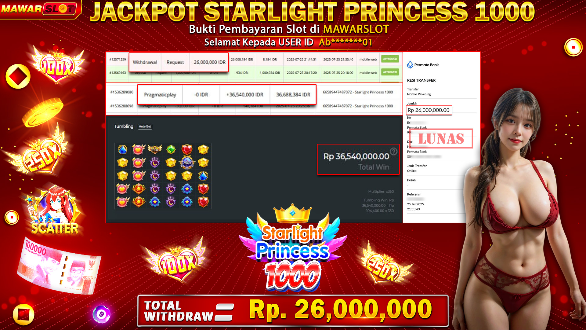 ✨ MAXWIN Spektakuler! Member MAWARSLOT Ab*****01 Raih Rp 26.000.000 di Starlight Princess 1000! 🌟