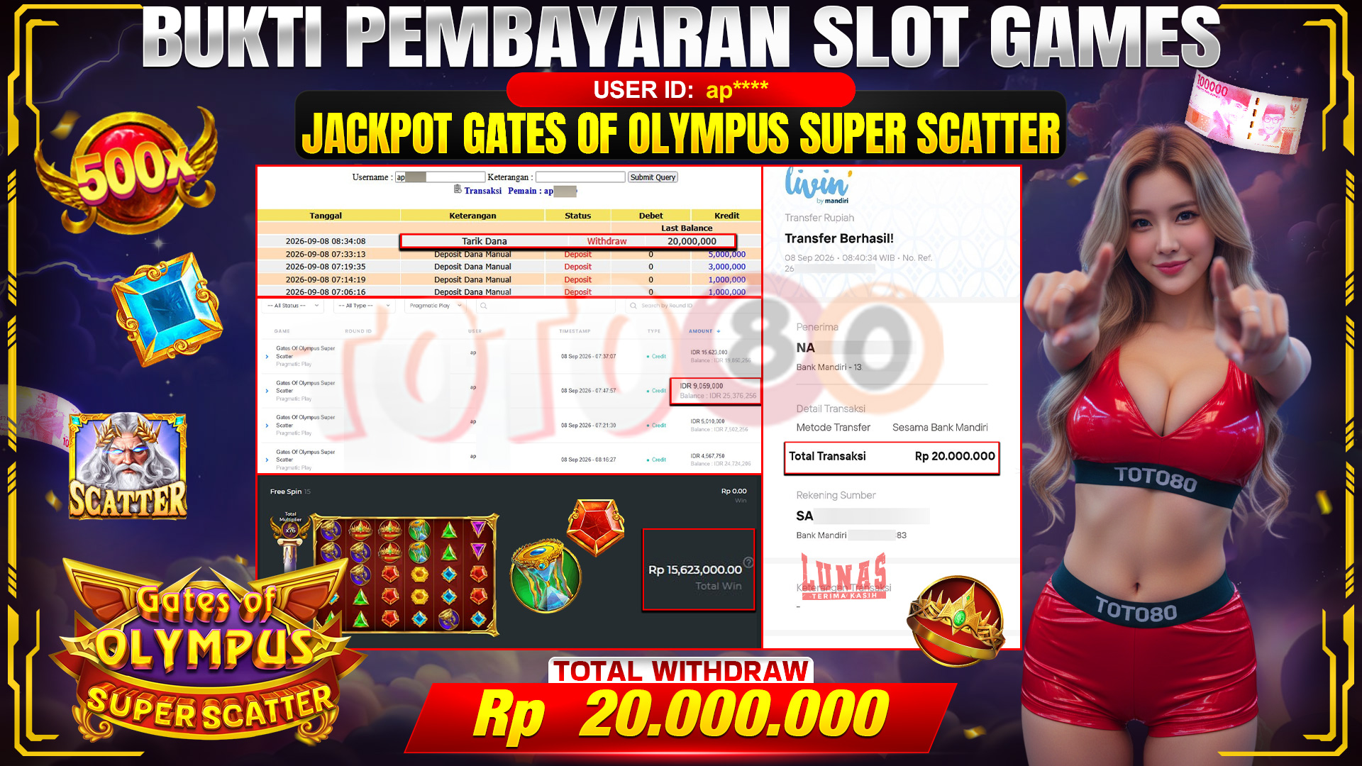 💰🎉 TOTO80 – JACKPOT SLOT GATES OF OLYMPUS  SUPER SCATTER  RP. 20,000,000,-  TELAH DIBAYARKAN!💰🎉