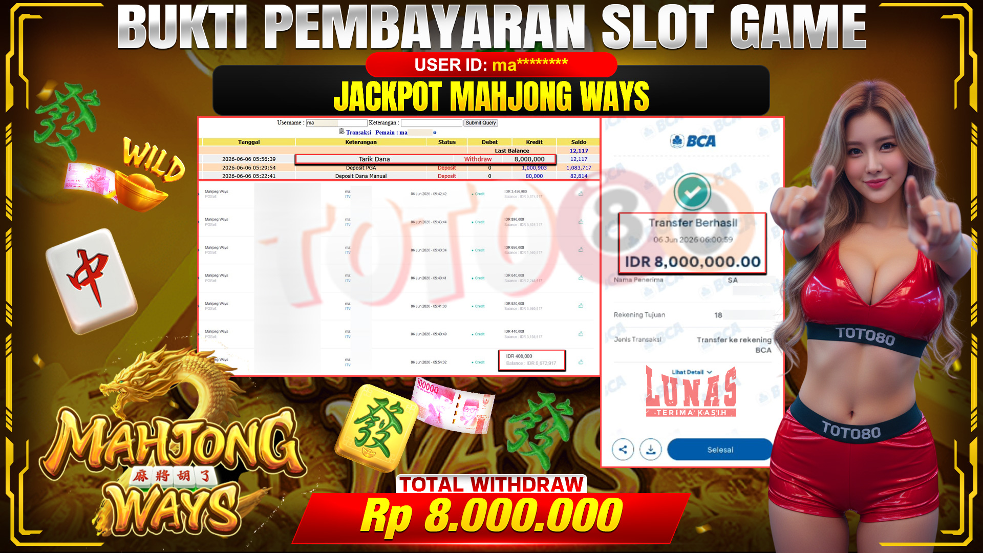 💰🎉 TOTO80 – JACKPOT SLOT MAHJONG  WAYS  RP. 8,000,000,-  TELAH DIBAYARKAN!💰🎉