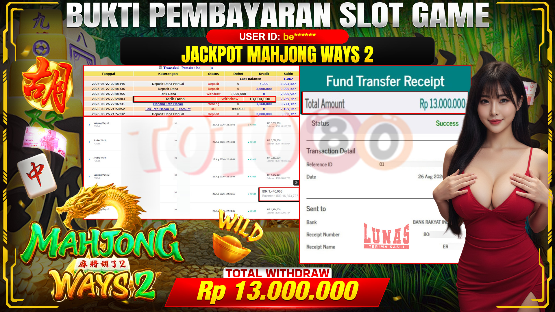💰🎉 TOTO80 – JACKPOT SLOT MAHJONG  WAYS 2 RP. 13,000,000,-  TELAH DIBAYARKAN!💰🎉