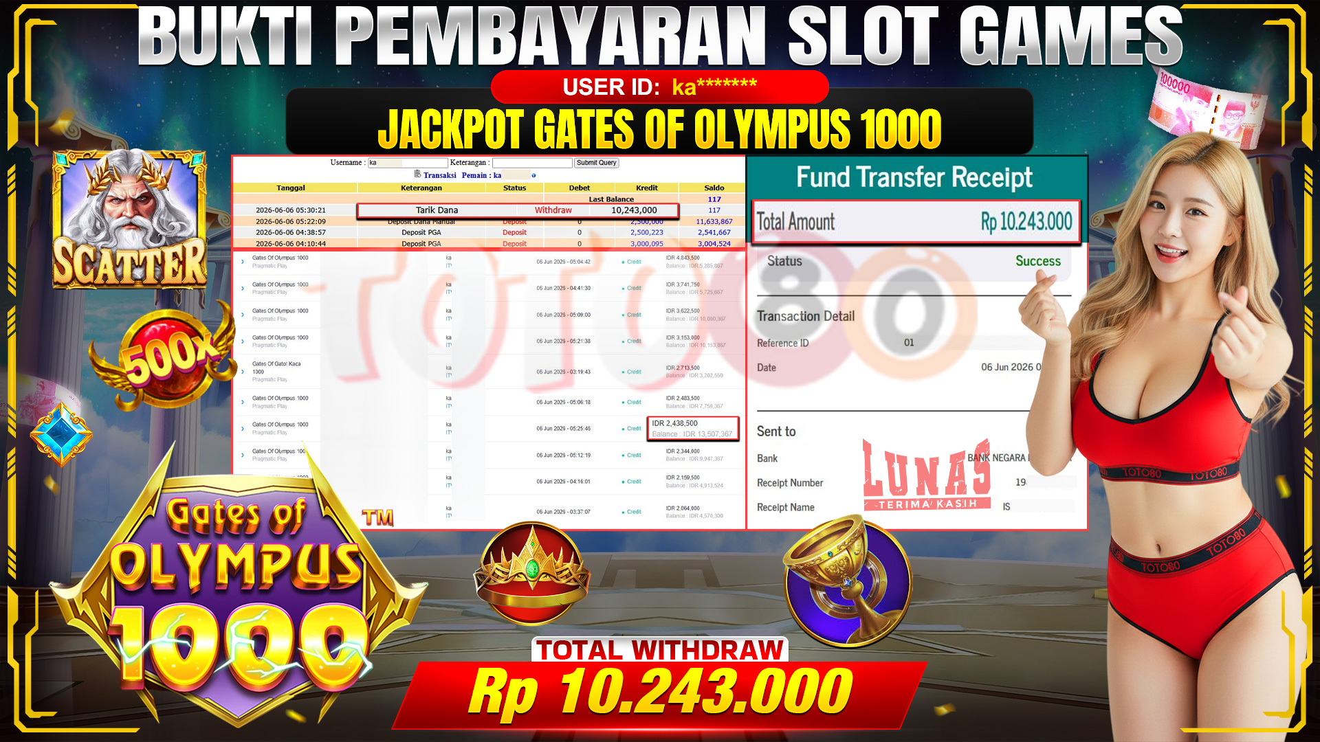 💰🎉 TOTO80 – JACKPOT SLOT GATES OF OLYMPUS 1000  RP. 10,243,000,- TELAH DIBAYARKAN!💰🎉
