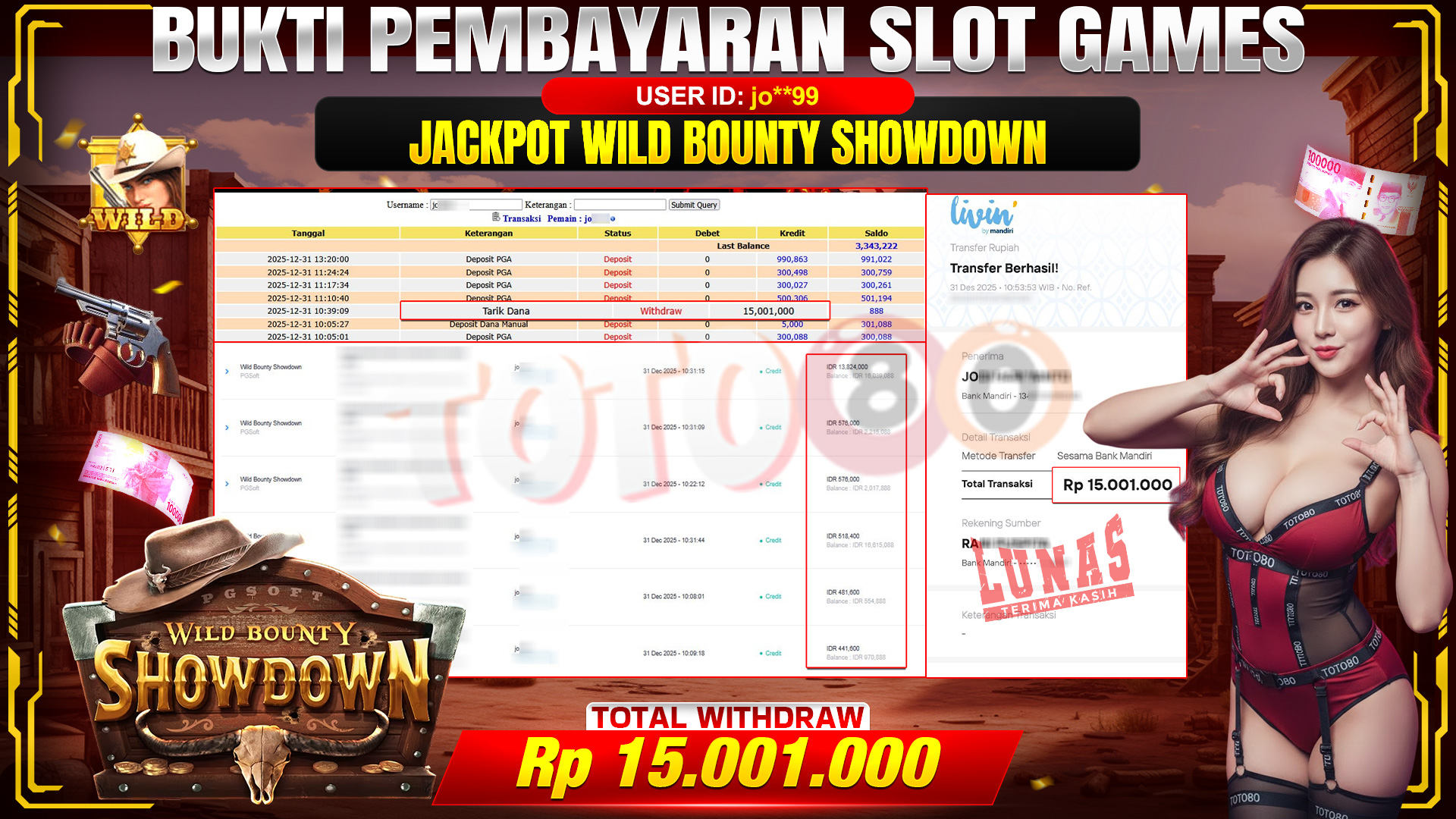 🎉 TOTO80 – JACKPOT SLOT WILD BOUNTY SHOWDOWN RP.15,001,000,- TELAH DIBAYARKAN! 🎉