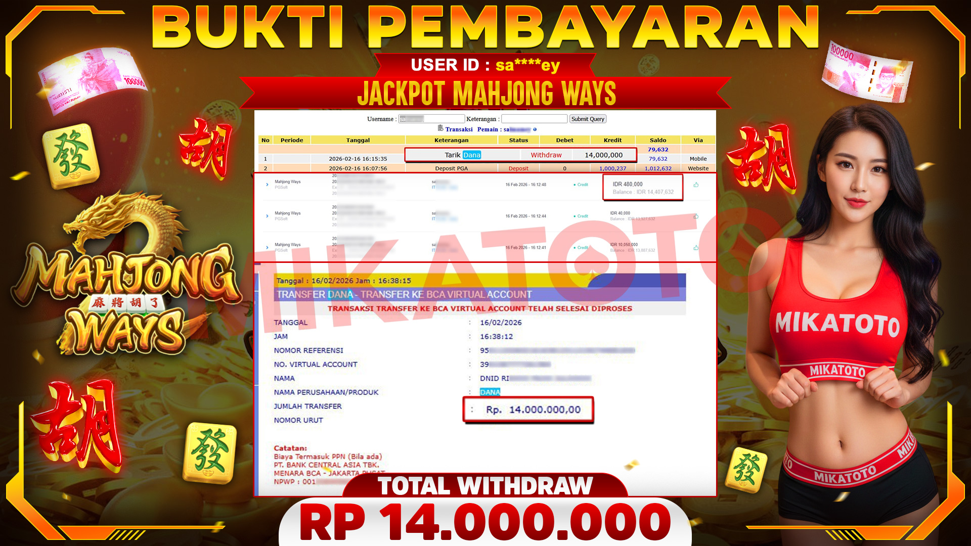 🏆 SELAMAT KEPADA PEMENANG JACKPOT DI Mahjong Ways  - PGSoft 14,000,000🏆