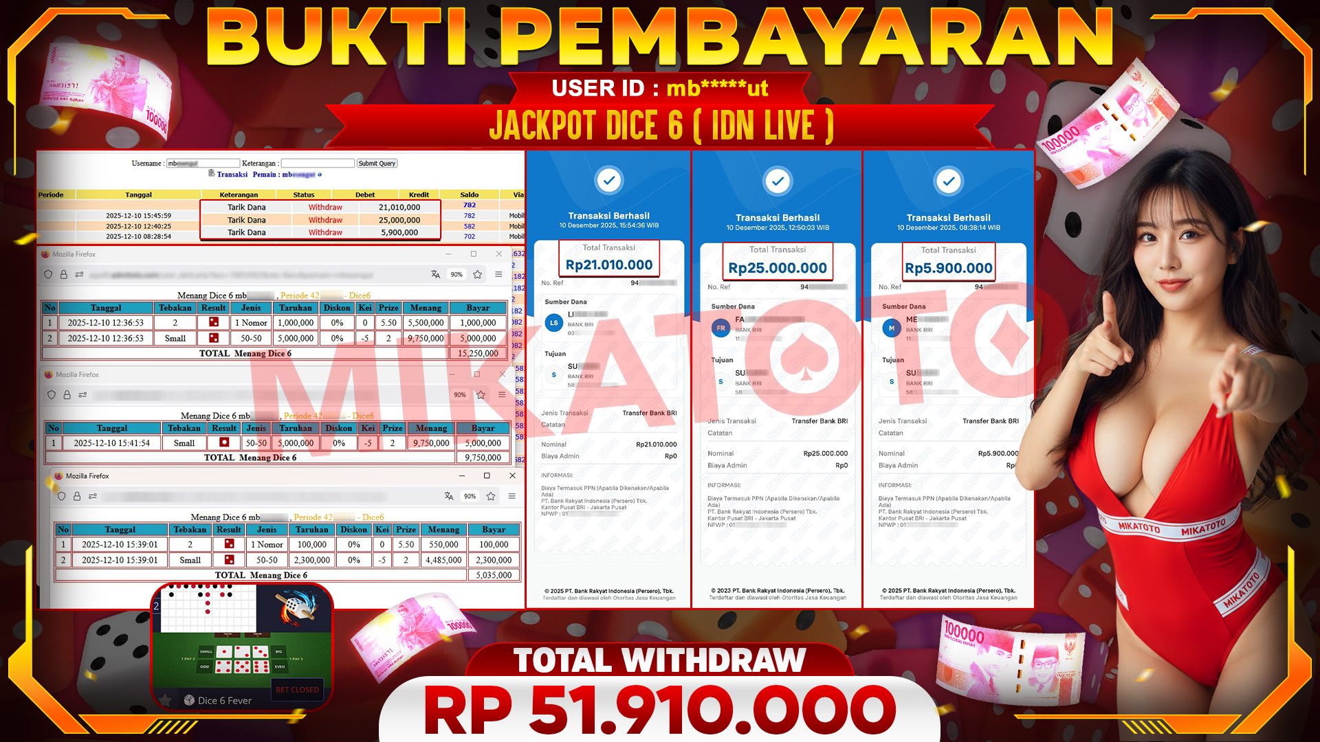 SELAMAT KEPADA PEMENANG JACKPOT DI Dice 6 - Live Game 51,910,000🏆