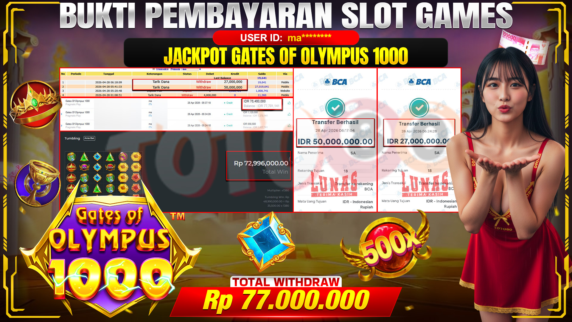 💰🎉 TOTO80 – JACKPOT SLOT GATES OF OLIMPUS 1000  RP. 77,000,000,-  TELAH DIBAYARKAN!💰🎉