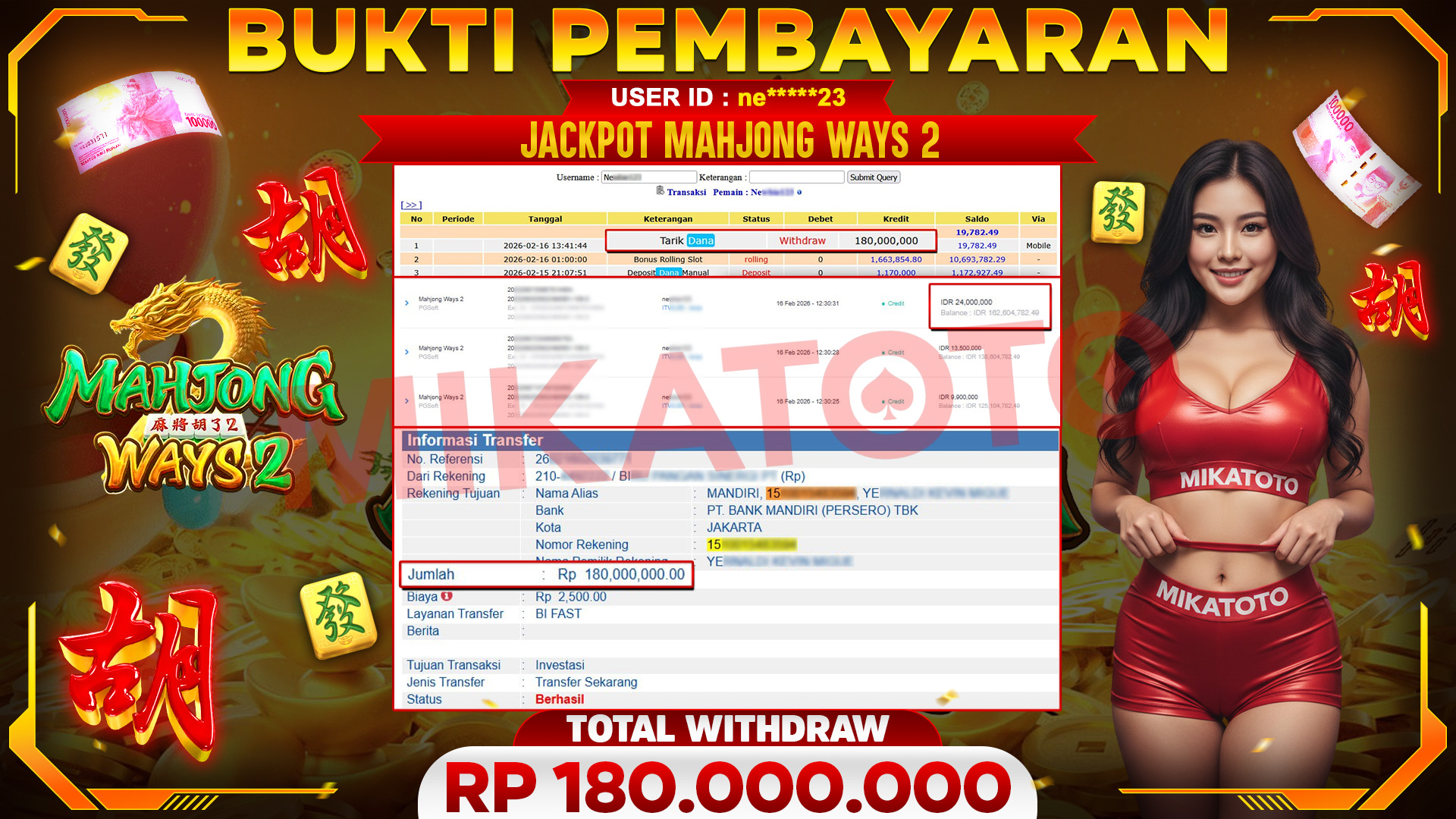 🏆 SELAMAT KEPADA PEMENANG JACKPOT DI Mahjong Ways 2 - PGSoft 180,000,000🏆