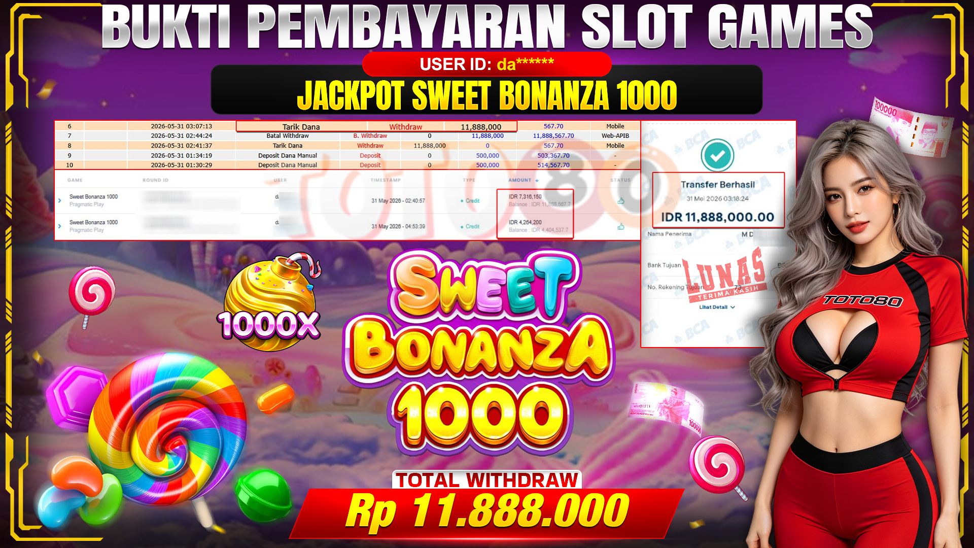 💰🎉  TOTO80 – JACKPOT SLOT SWEET BONANZA 1000 RP. 11,888,000,- TELAH DIBAYARKAN! 💰🎉 