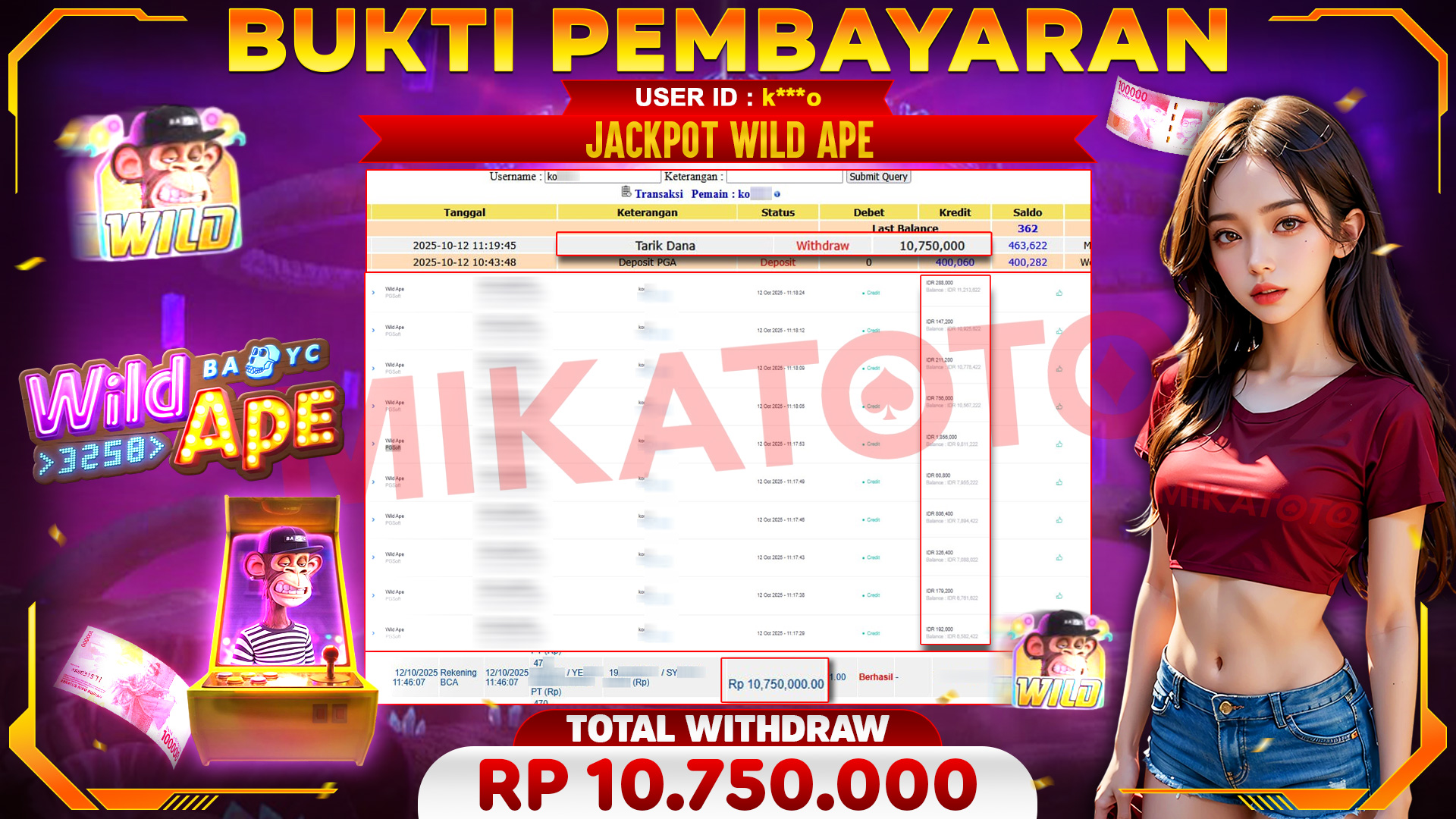 🏆 SELAMAT KEPADA PEMENANG JACKPOT DI Wild Ape - PGSoft 10,750,000🏆