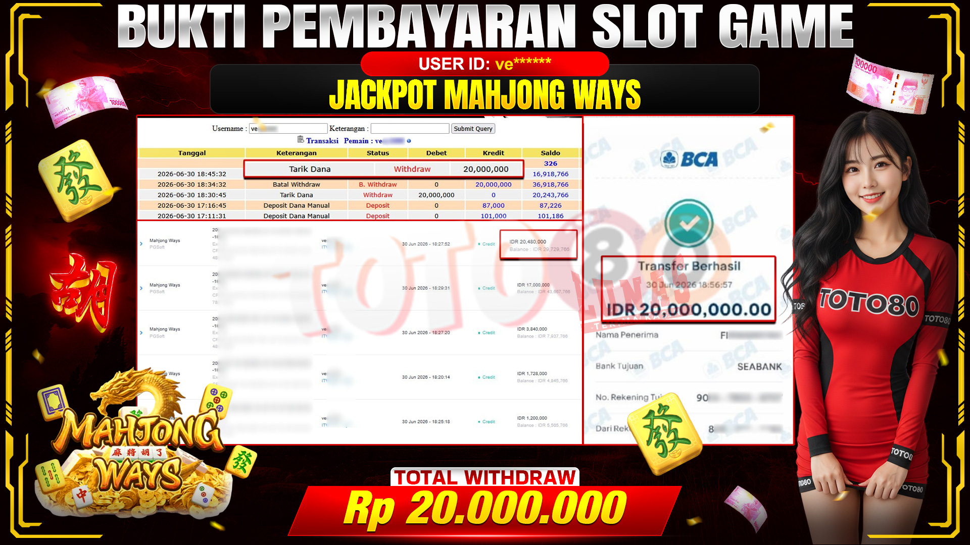 💰🎉 TOTO80 – JACKPOT SLOT MAHJONG  WAYS  RP. 20.000,000,-   TELAH DIBAYARKAN!💰🎉