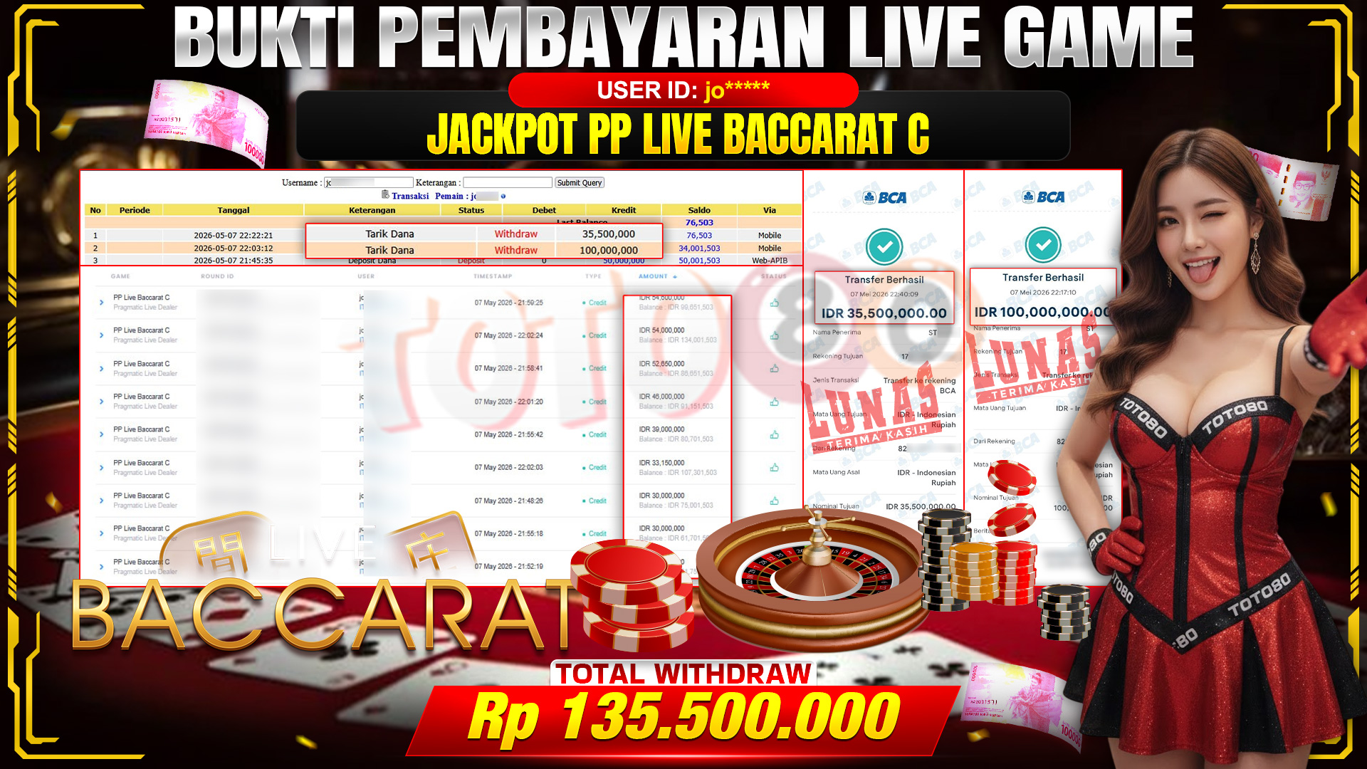 🎉 TOTO80 – JACKPOT PP LIVE BACCARAT C RP. 135,500,000,- TELAH DIBAYARKAN! 🎉