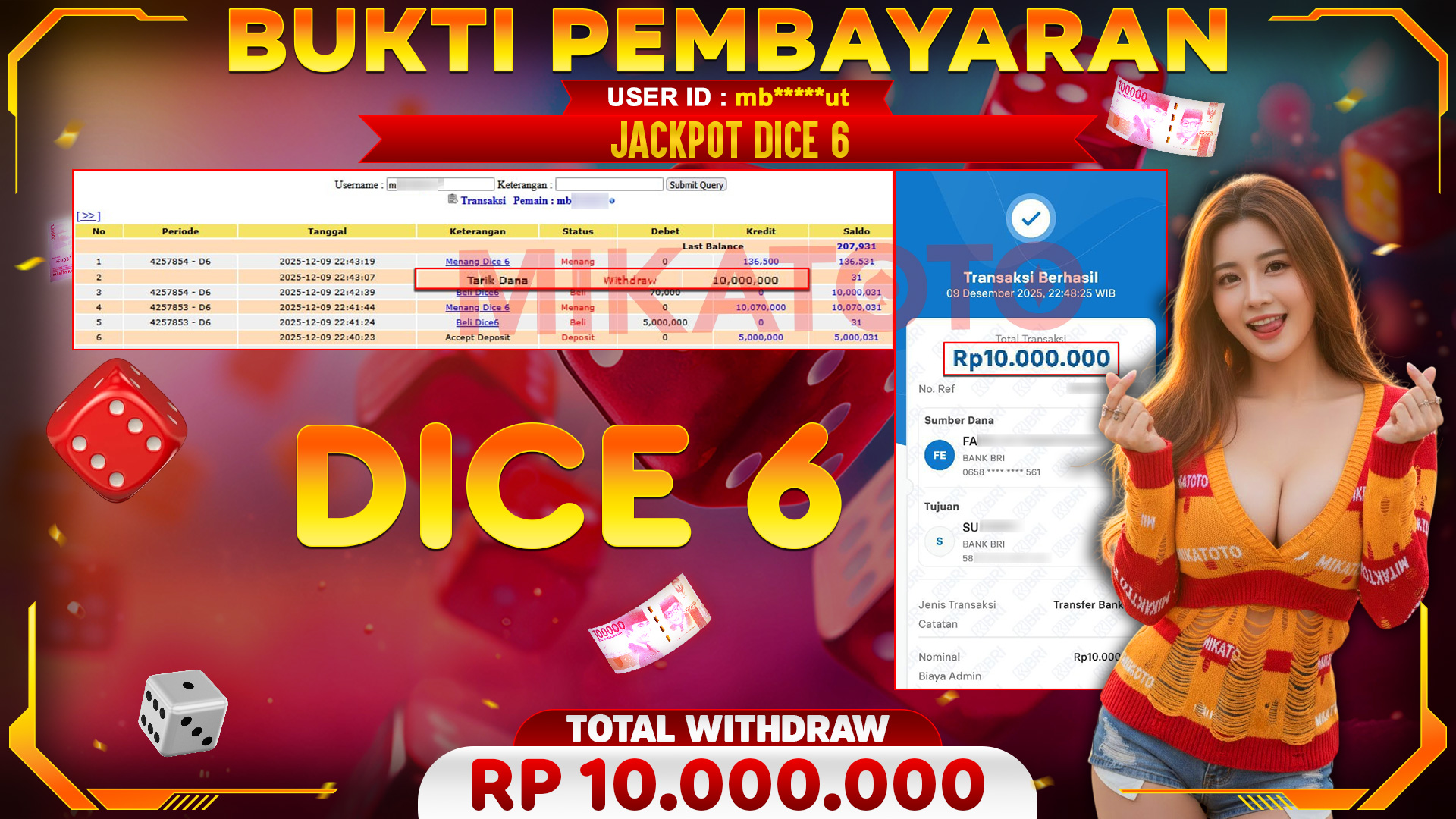 SELAMAT KEPADA PEMENANG JACKPOT DI Dice 6 - Live Game 10,000,000🏆