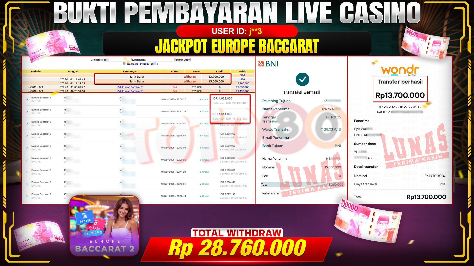 🎉 TOTO80 – JACKPOT LIVE CASINO EUROPE BACCARAT RP.28,760,000,- TELAH DIBAYARKAN! 🎉