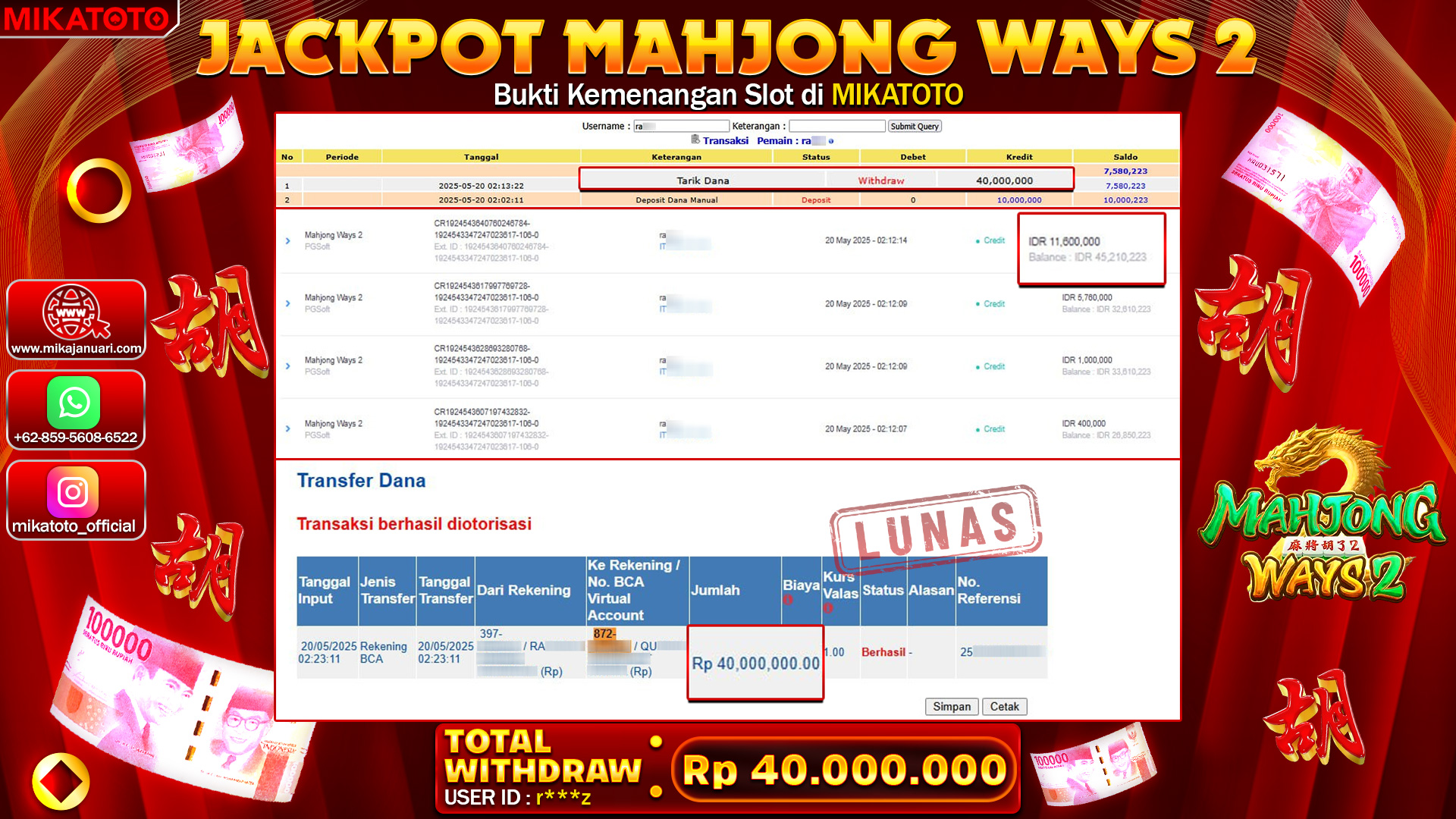🏆 SELAMAT KEPADA PEMENANG MAHJONG WAYS 2  40.000.000🏆
