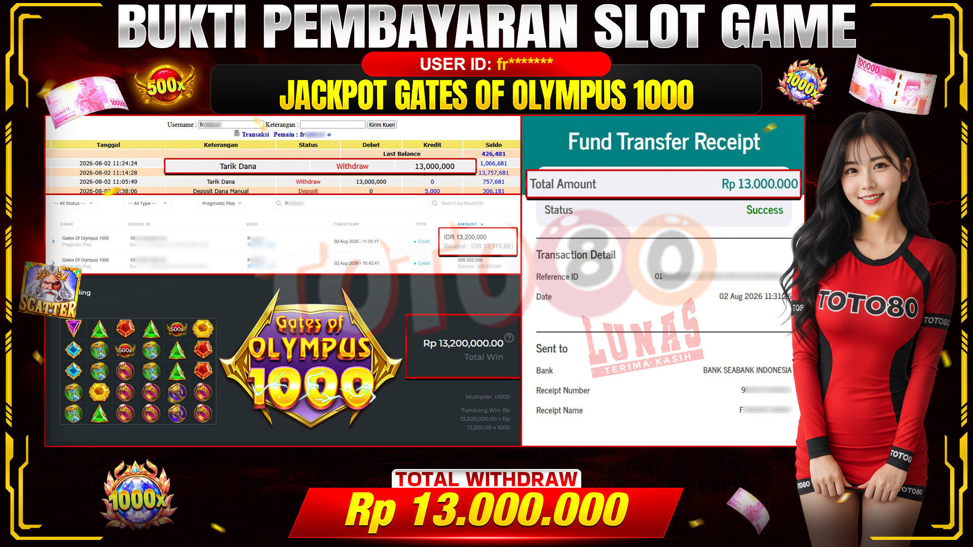 💰🎉 TOTO80 – JACKPOT SLOT GATES OF OLYMPUS 1000  RP. 13,000,000,- TELAH DIBAYARKAN!💰🎉