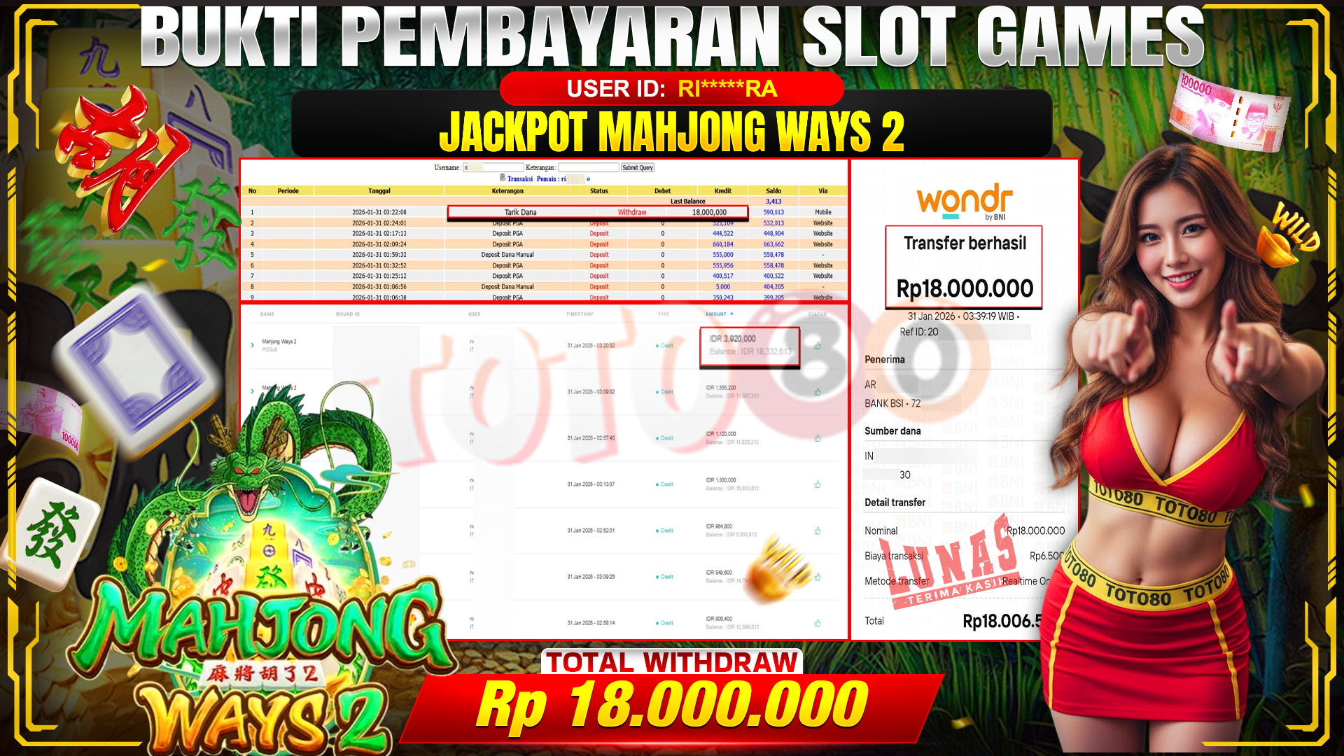 🎉 TOTO80 – JACKPOT SLOT MAHJONG WAYS 2 RP. 18,000,000,- TELAH DIBAYARKAN! 🎉