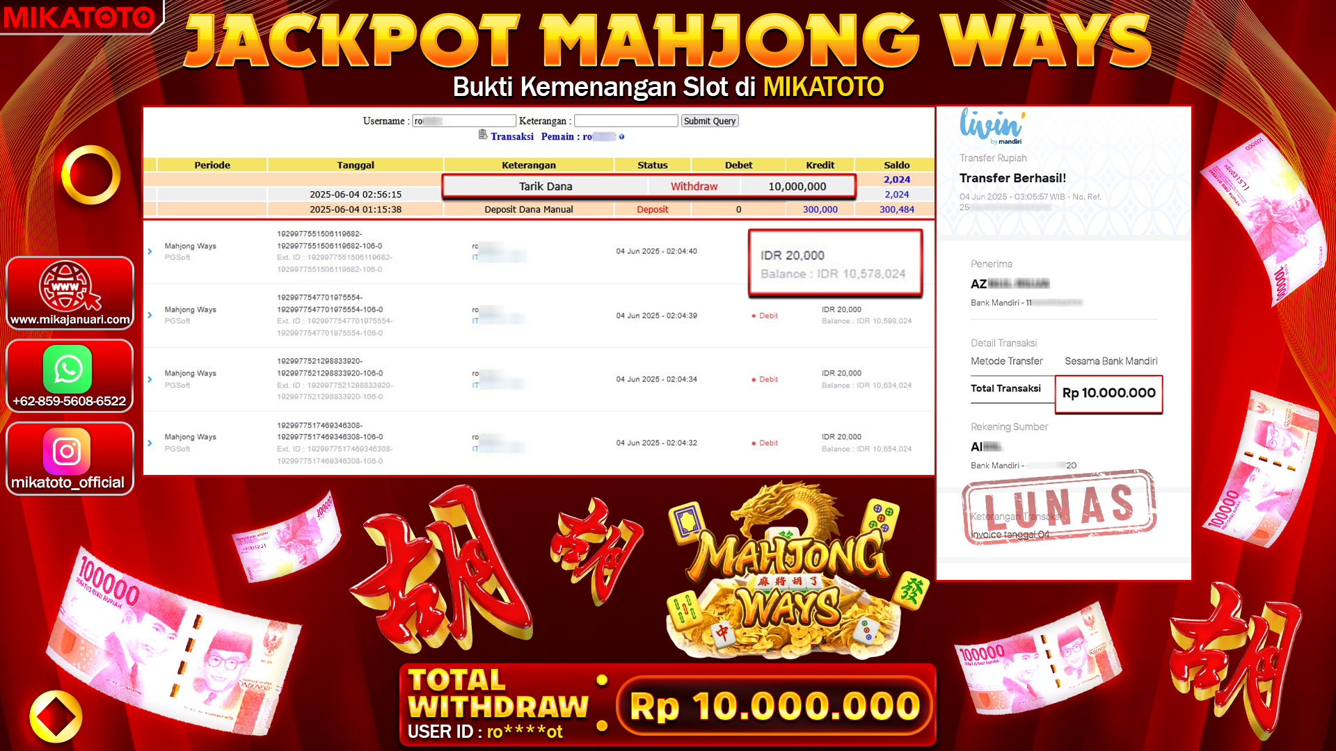 🏆 SELAMAT KEPADA PEMENANG JACKPOT DI Mahjong Ways 10,000,000🏆