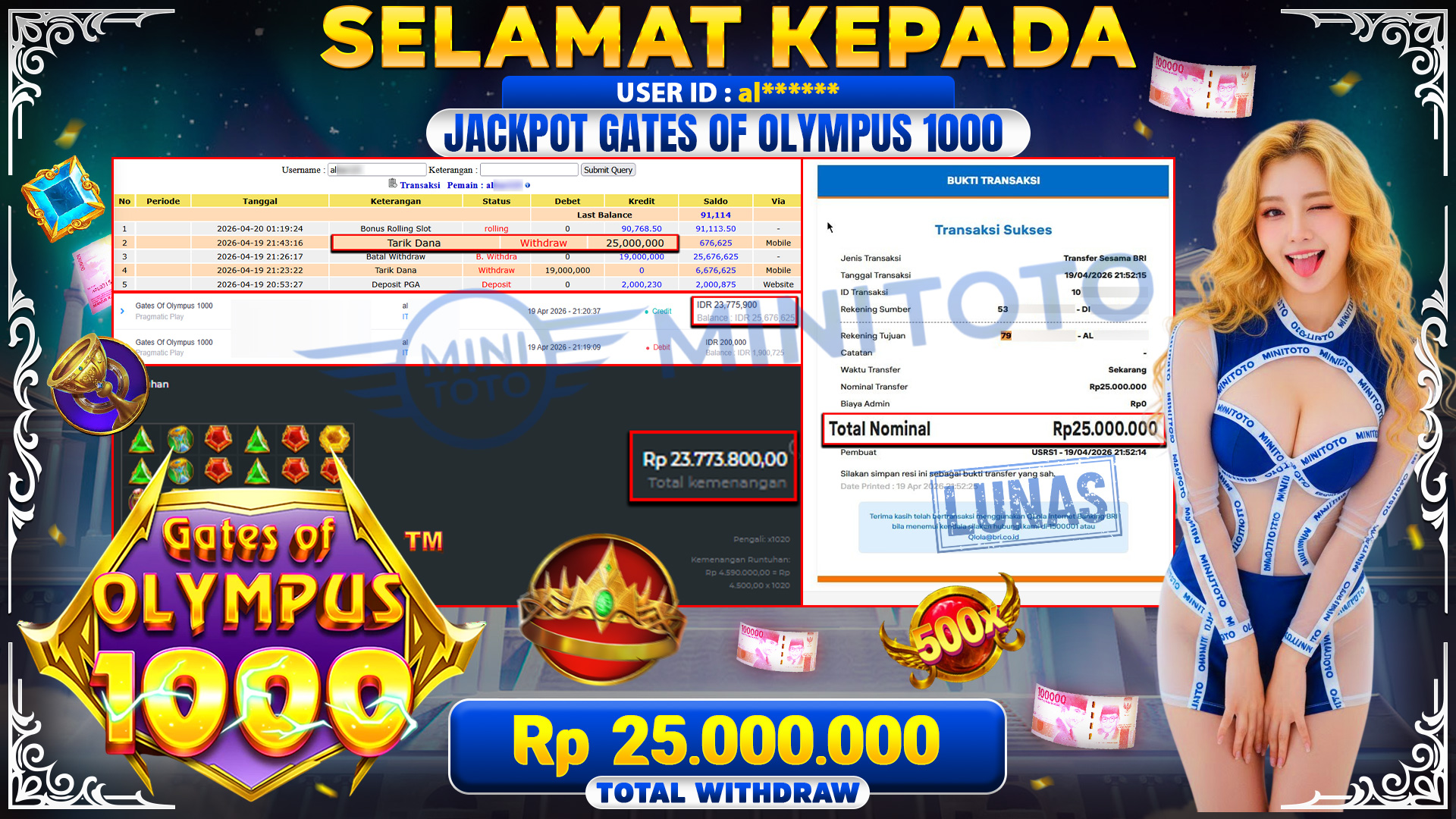 BUKTI JACPOT Gates Of Olympus 1000 - Pragmatic Play