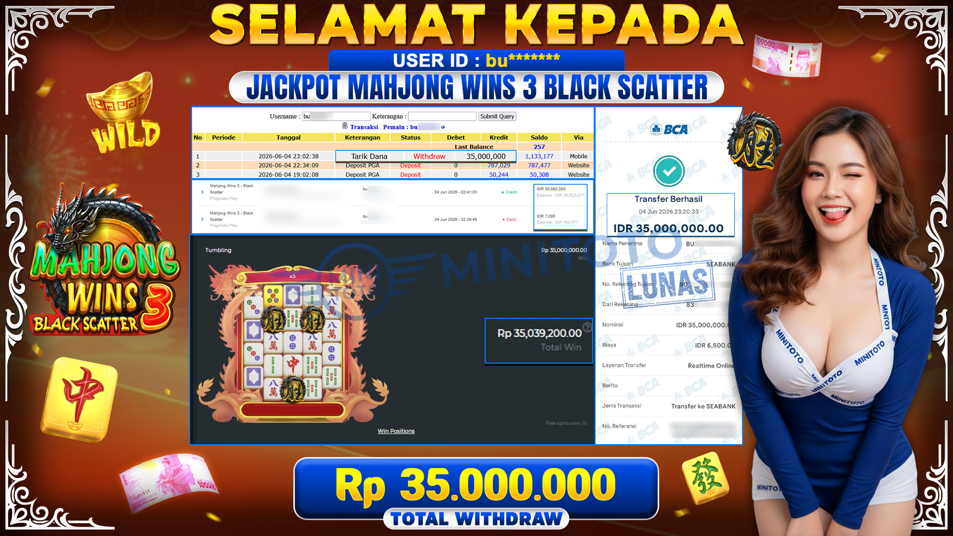 BUKTI JACKPOT MAHJONG WINS 3 - BLACK SCATTER PRAGMATIC PLAY