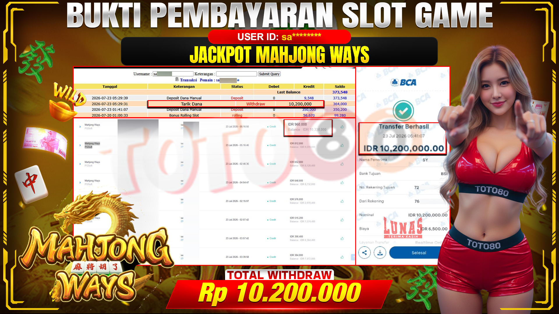 💰🎉 TOTO80 – JACKPOT SLOT MAHJONG  WAYS  RP. 10,200,000,-  TELAH DIBAYARKAN!💰🎉
