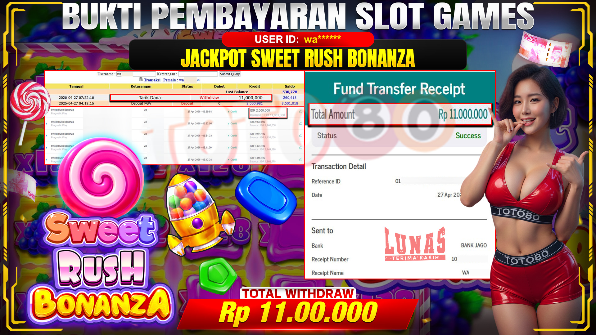 💰🎉 TOTO80 – JACKPOT SLOT SWEET RUSH BONANZA  RP. 11,000,000,- TELAH DIBAYARKAN!💰🎉
