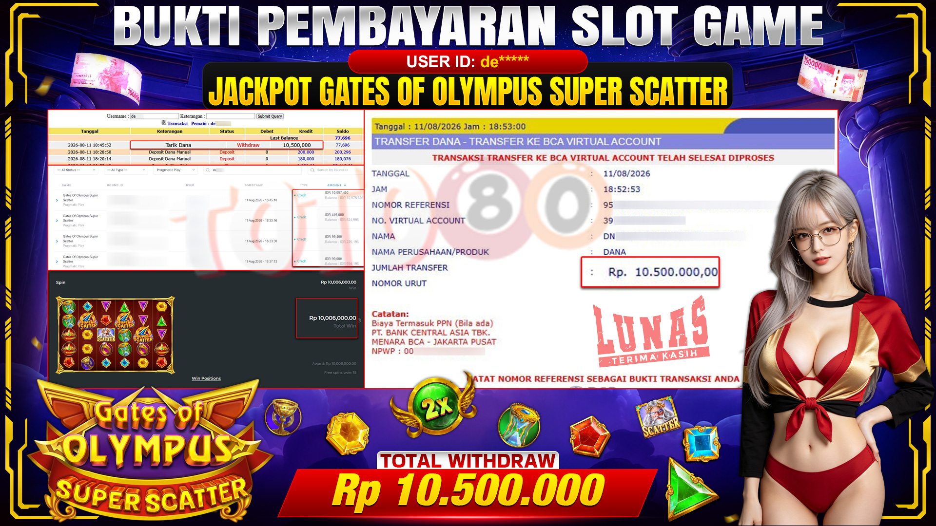 💰🎉 TOTO80 – JACKPOT SLOT GATES OF OLYMPUS SUPER SCATTER RP. 10,500,000,-  TELAH DIBAYARKAN!💰🎉