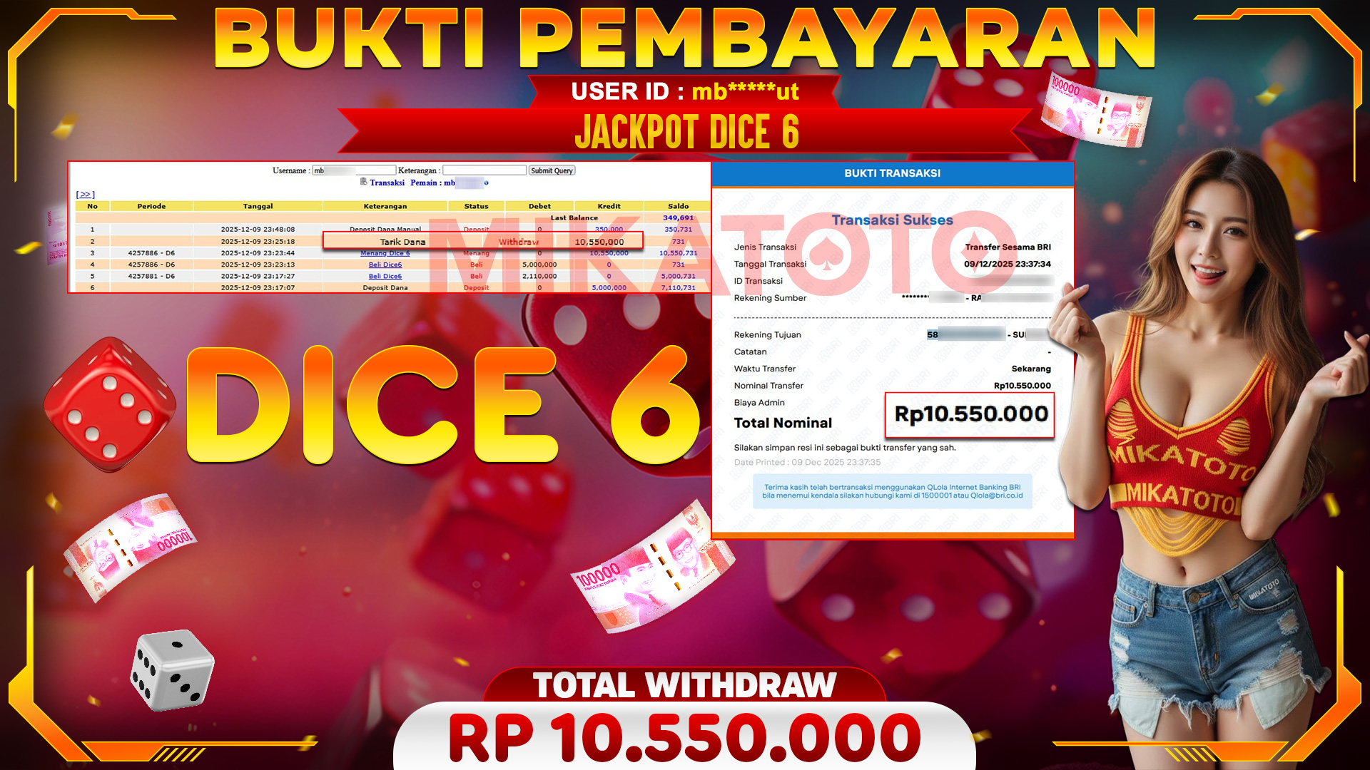SELAMAT KEPADA PEMENANG JACKPOT DI Dice 6 - Live Game 10,550,000🏆