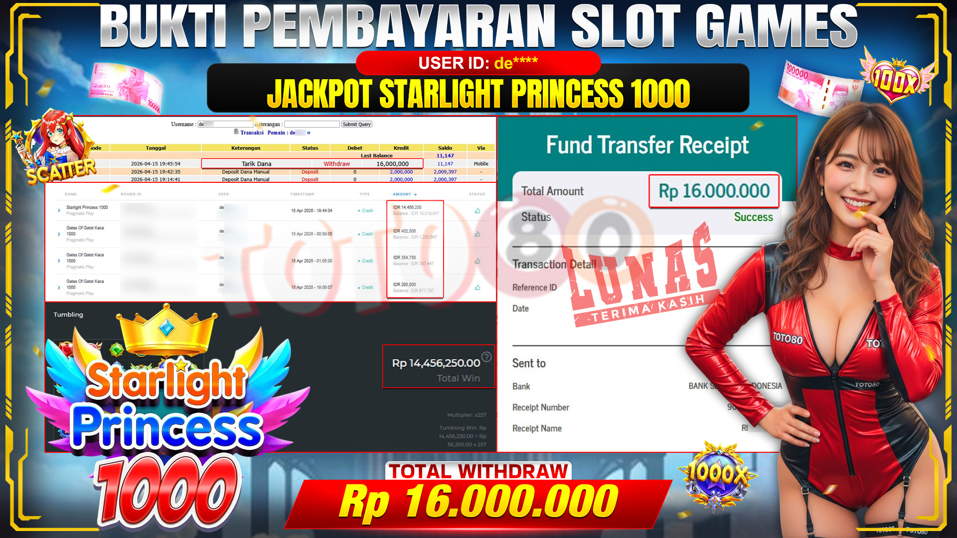 💰🎉 TOTO80 – JACKPOT SLOT STARLIGHT PRINCESS 1000 RP. 16,000,000,- TELAH DIBAYARKAN!💰🎉