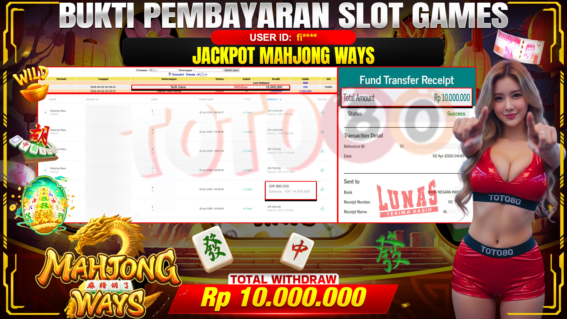💰🎉 TOTO80 – JACKPOT SLOT MAHJONG WAYS  RP. 10,000,000,- TELAH DIBAYARKAN!💰🎉