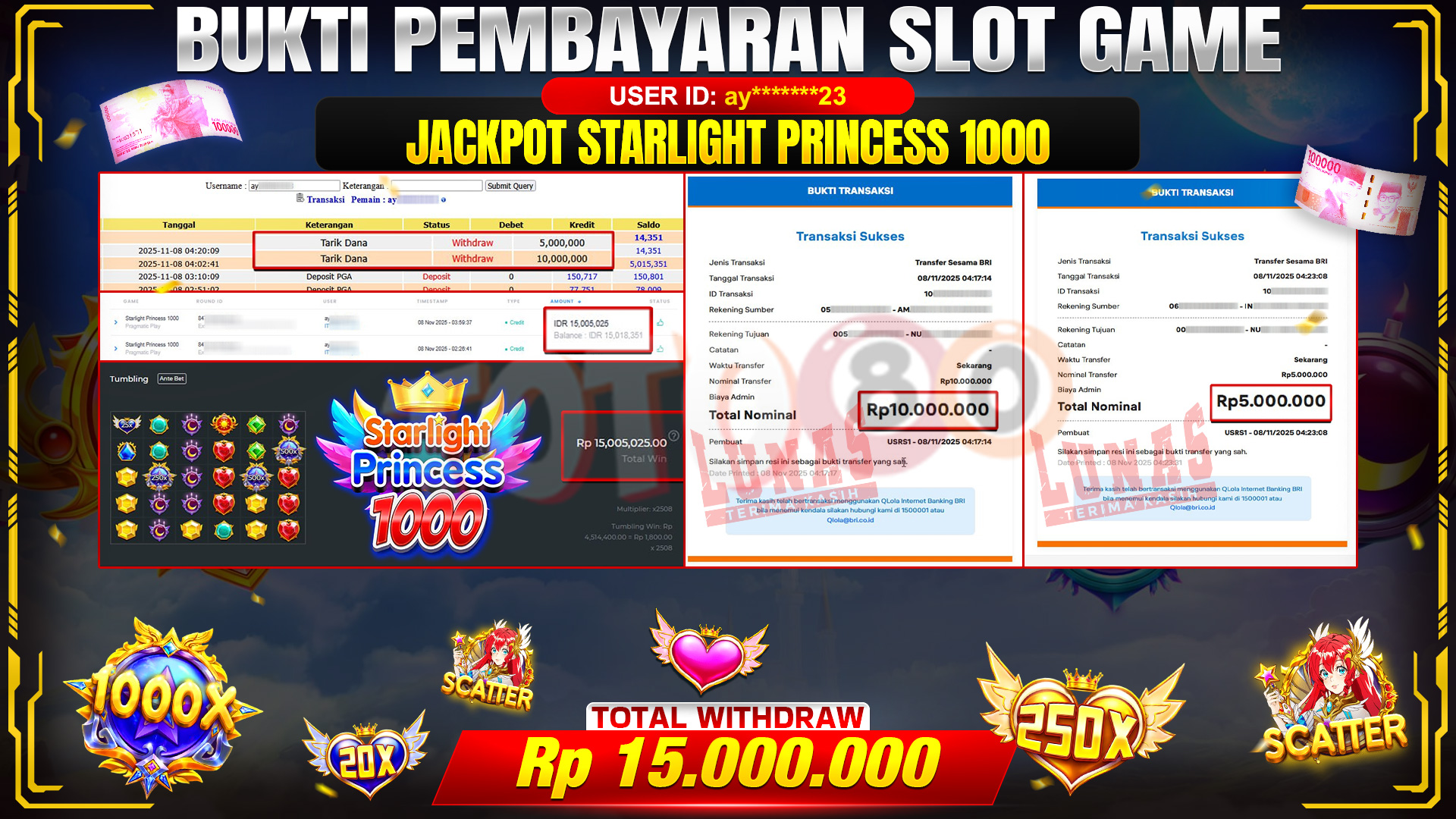 🎉 TOTO80 – JACKPOT SLOT STARLIGHT PRNCESS 1000 RP.15,000,000,- TELAH DIBAYARKAN! 🎉