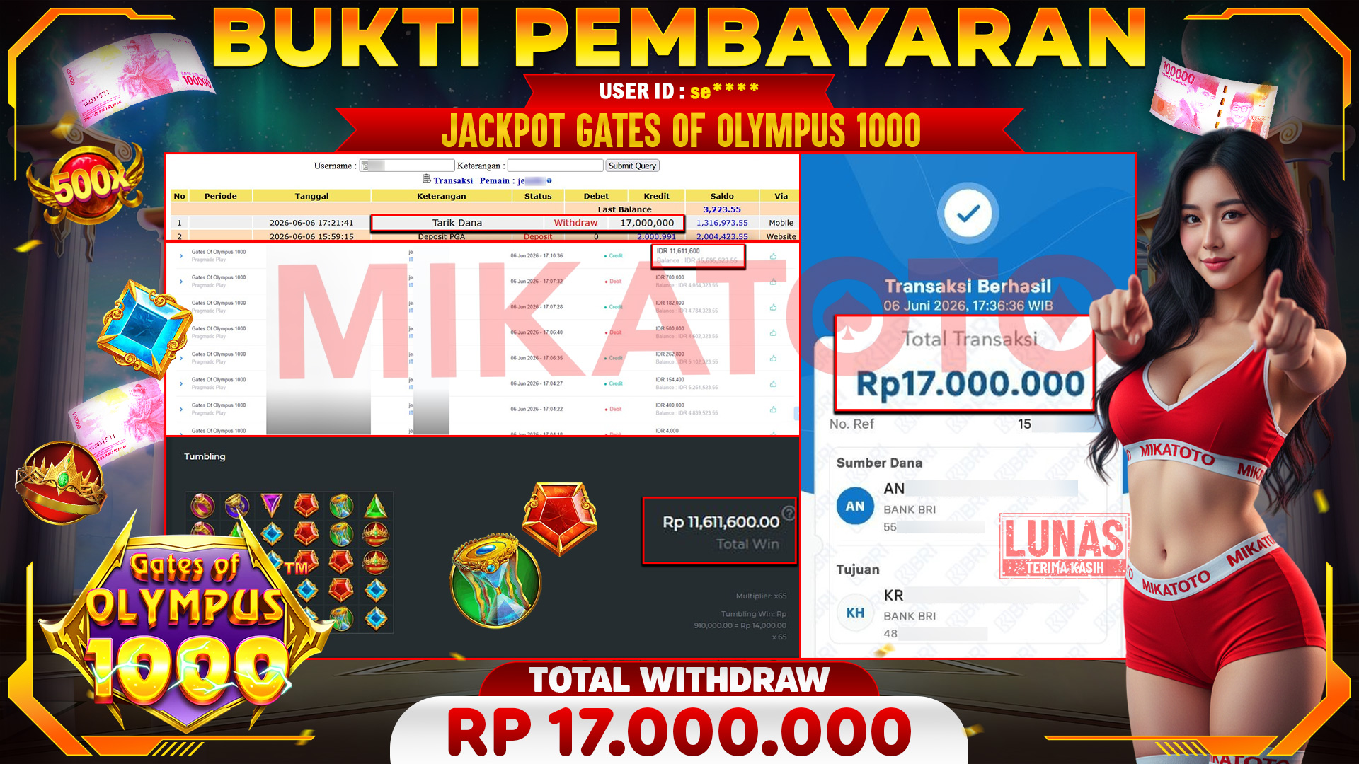 🏆 SELAMAT KEPADA PEMENANG JACKPOT DI Gates Of Olympus 1000 - Pragmatic Play 17,000,000🏆