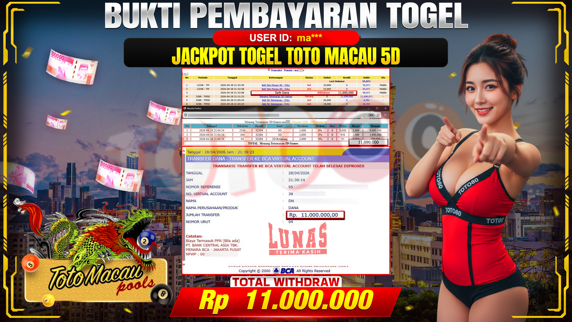 💰🎉 TOTO80 – JACKPOT TOGEL TOTO MACAU 5D RP. 11,000,000,- TELAH DIBAYARKAN!💰🎉