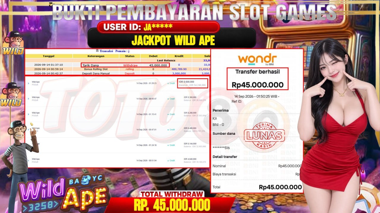 💰🎉 TOTO80 – JACKPOT SLOT WILD APE  RP. 45,000,000,- TELAH DIBAYARKAN!💰🎉
