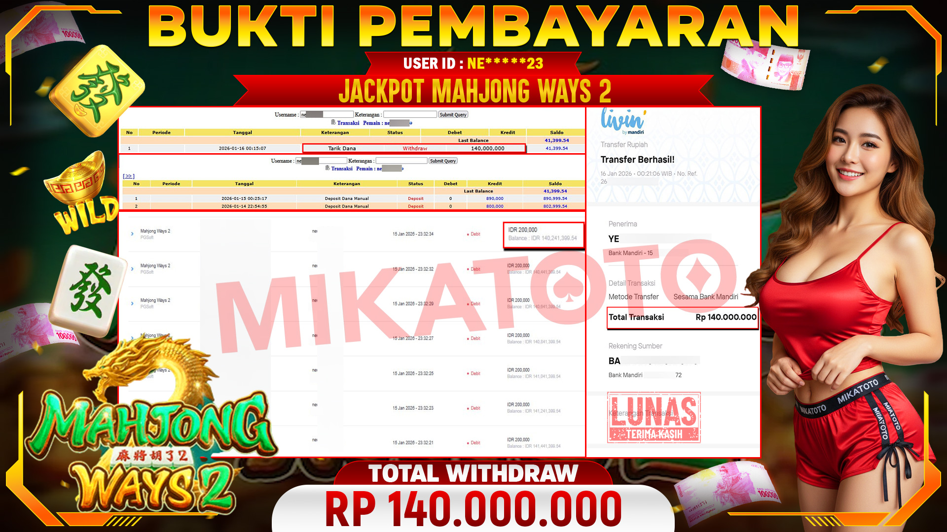 🏆 SELAMAT KEPADA PEMENANG JACKPOT DI Mahjong Ways 2 - PGSoft 140,000,000🏆