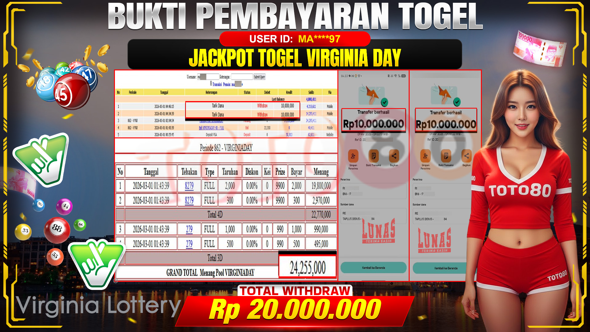 🎉 TOTO80 – JACKPOT TOGEL VIRGINIA DAY  RP. 20,000,000,- TELAH DIBAYARKAN! 🎉