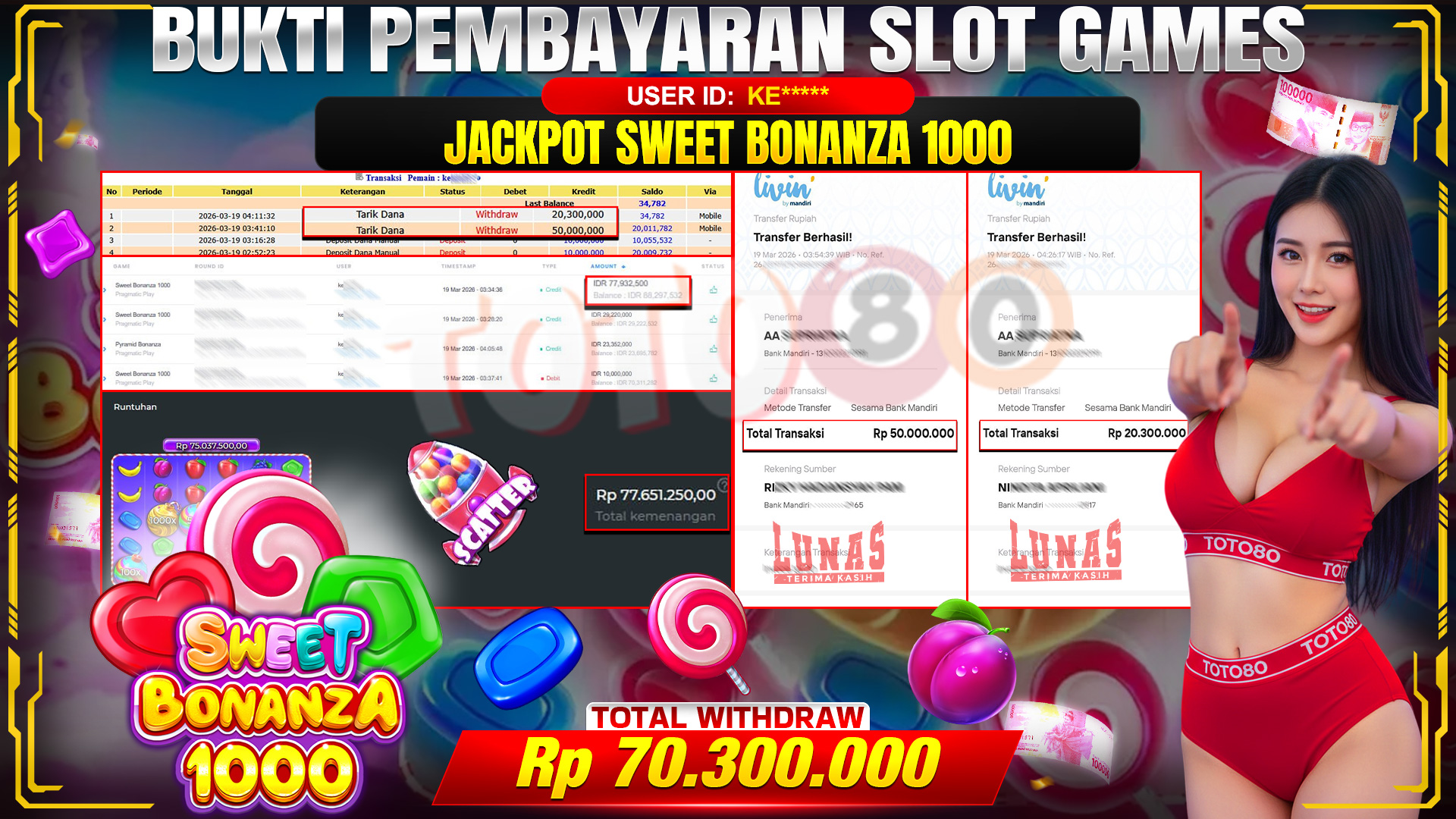 💰🎉TOTO80 – JACKPOT SLOT SWEET BONANZA 1000 . 70,300,000,- TELAH DIBAYARKAN! 💰🎉