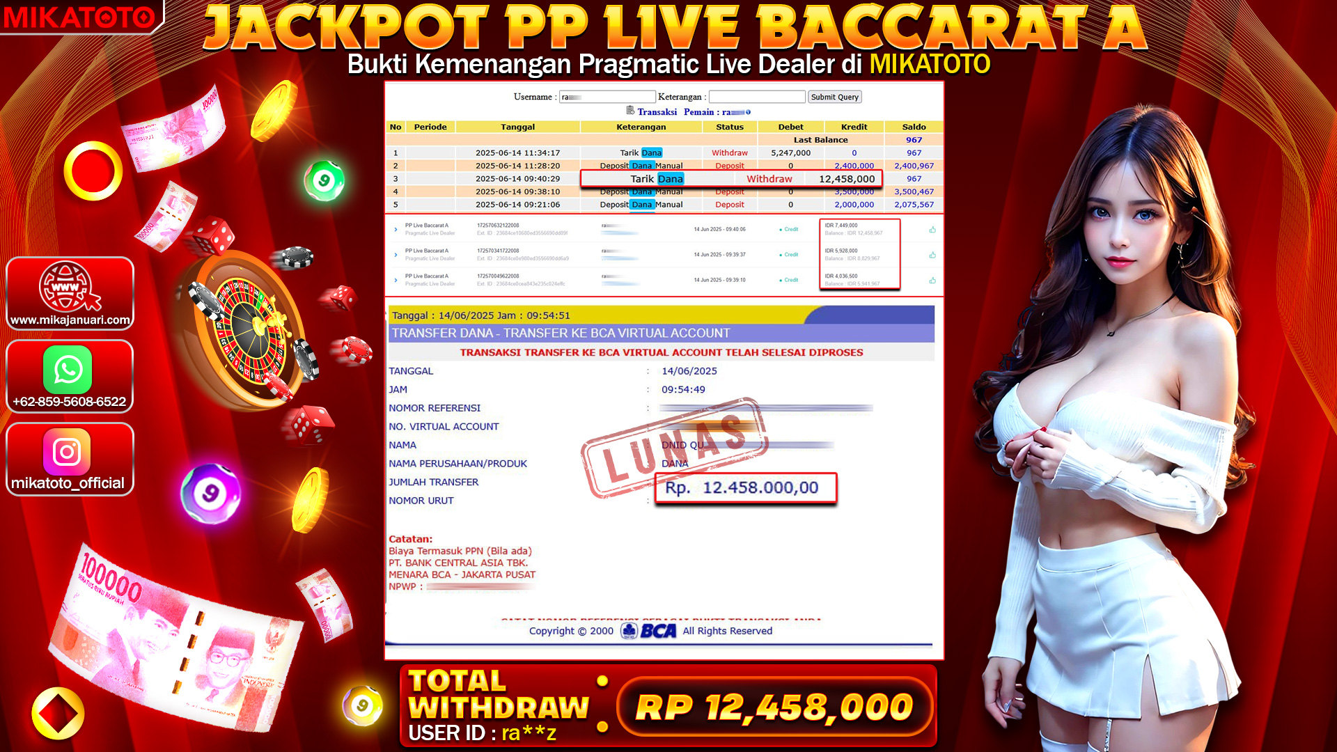 🏆 SELAMAT KEPADA PEMENANG JACKPOT DI PP Live Baccarat A 12,458,000🏆
