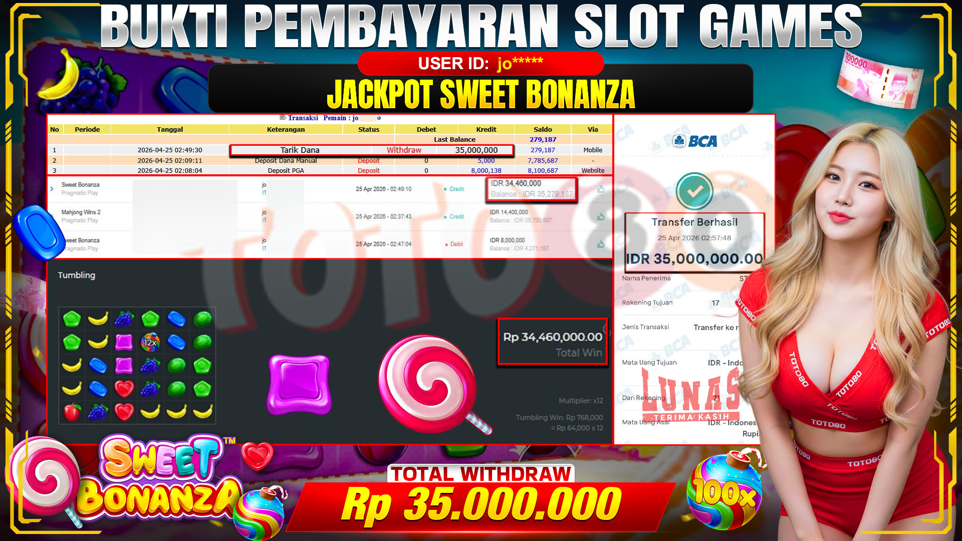 💰🎉 TOTO80 – JACKPOT SLOT SWEET BONANZA  RP. 35,000,000,- TELAH DIBAYARKAN!💰🎉