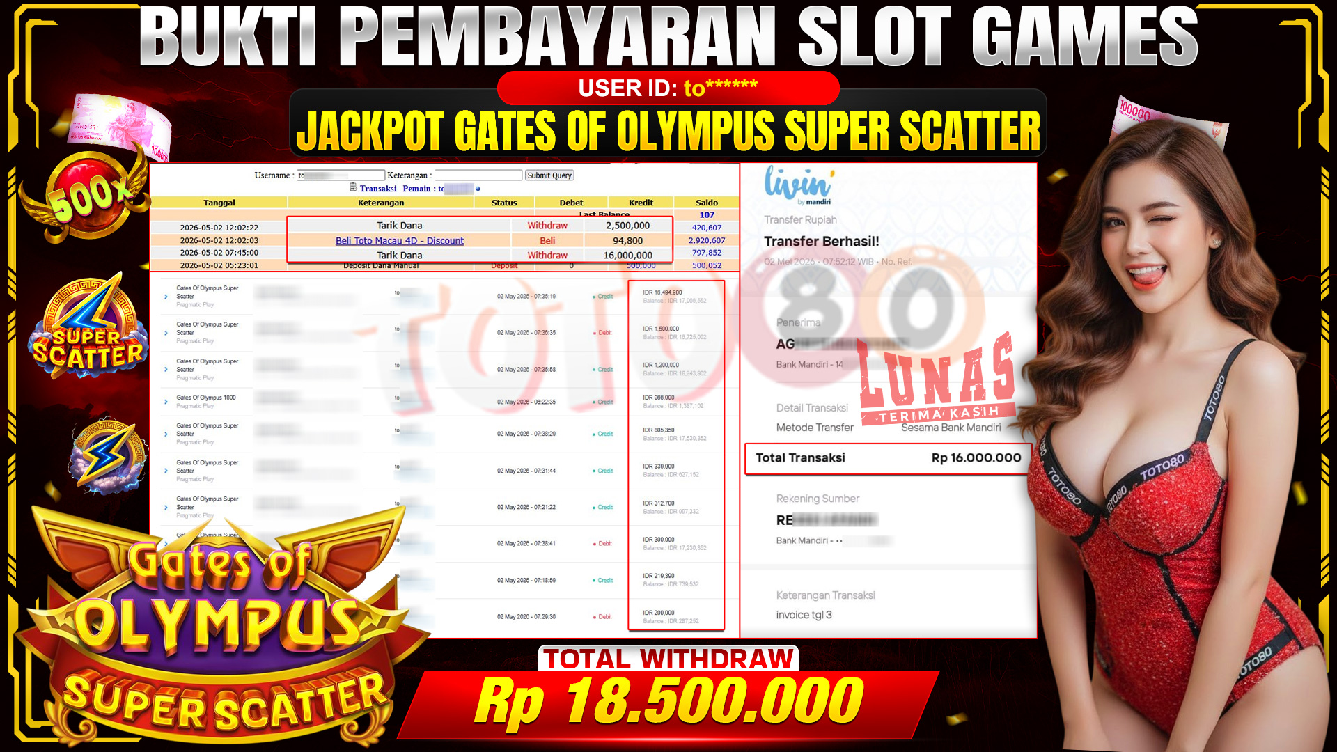 💰🎉TOTO80 – JACKPOT SLOT GATES OF OLYMPUS SUPER SCATTER  RP.18,500,000,- TELAH DIBAYARKAN! 💰🎉